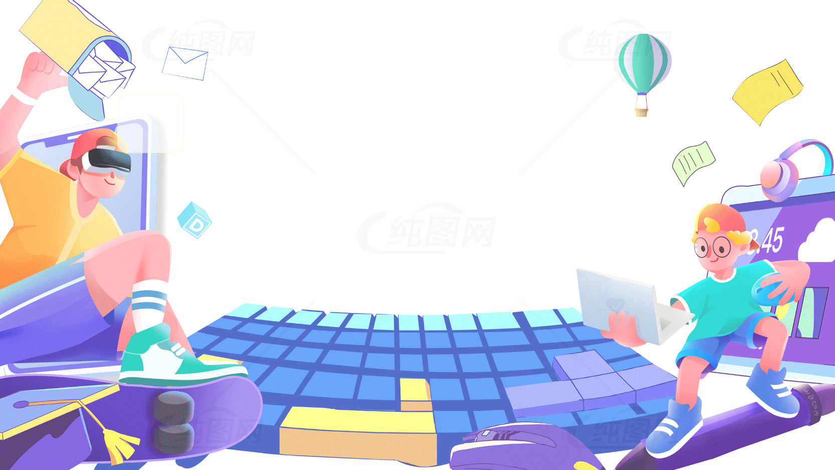 虚拟现实与未来科技的互动场景插画素材