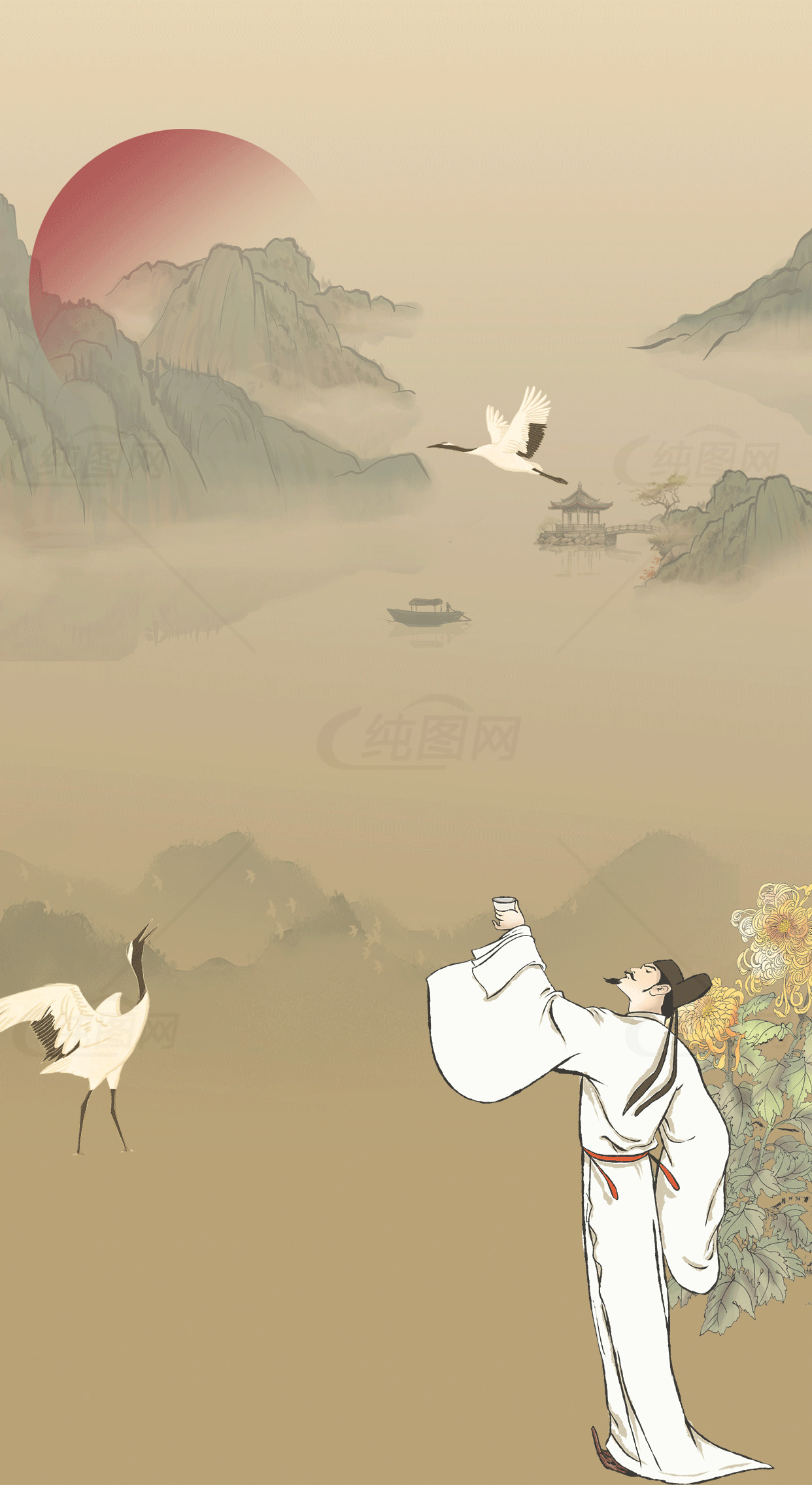 古风山水画：仙鹤与日出素材