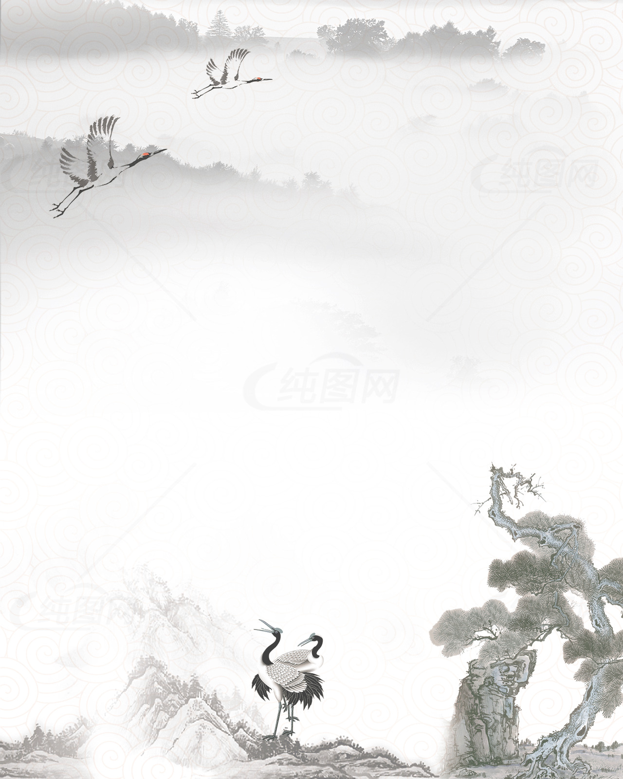 中国传统水墨画：山水与仙鹤素材