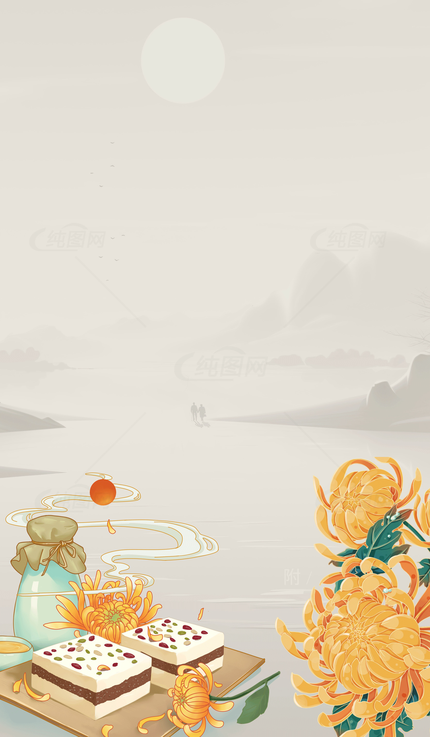 中秋节传统美食与花卉插画背景素材