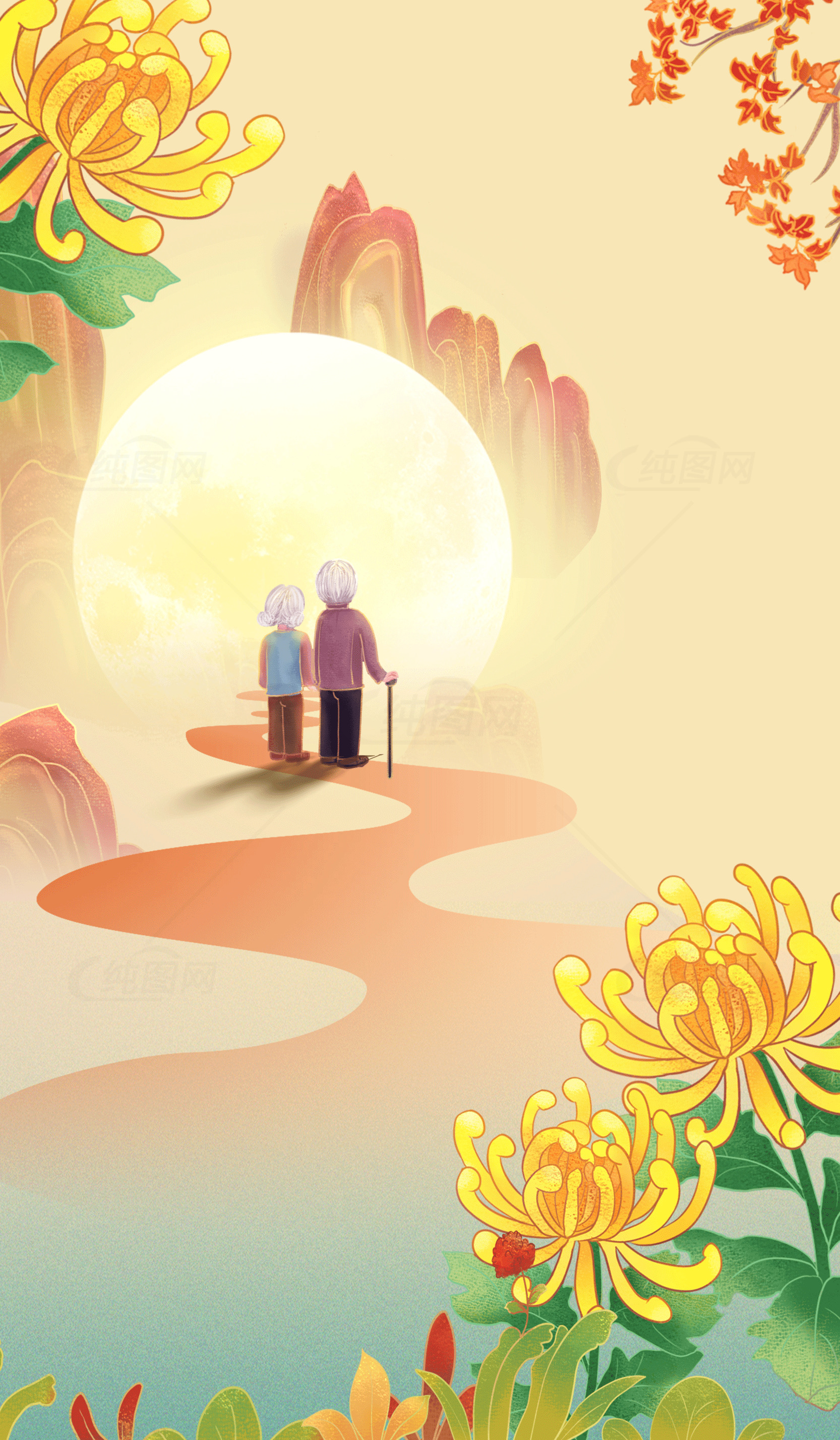 重阳节海报：老年人背影与菊花相伴素材