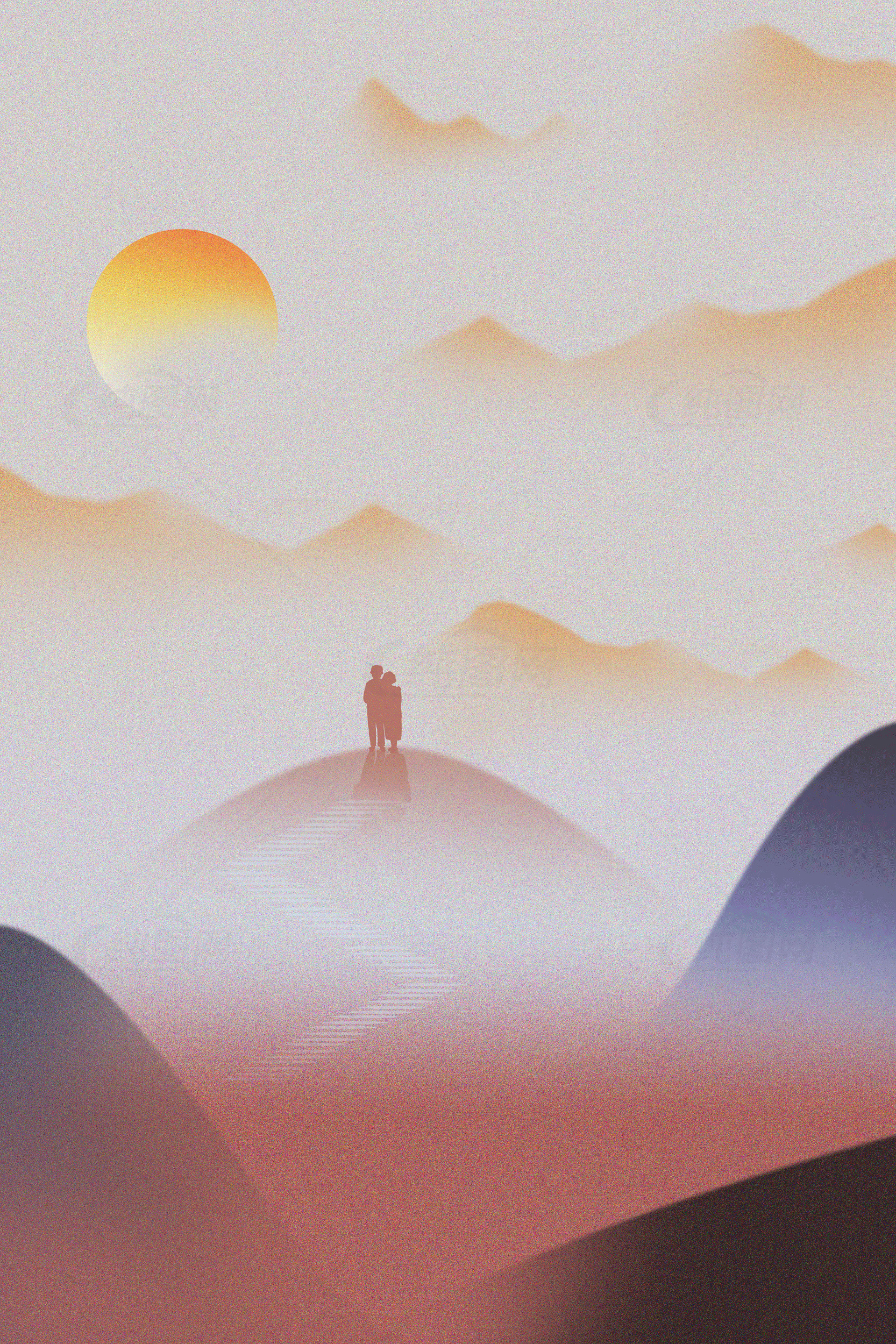 唯美山水日出插画背景素材