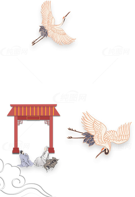 传统东方艺术插画：仙鹤与红色牌坊素材