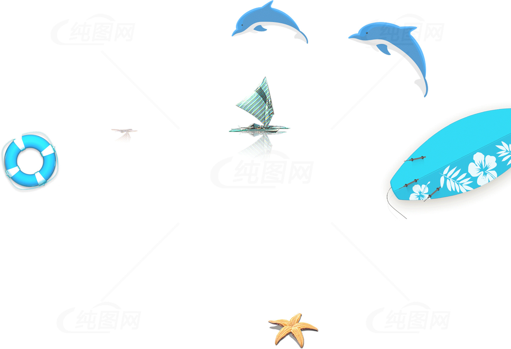 海洋主题插画：海豚与冲浪板素材