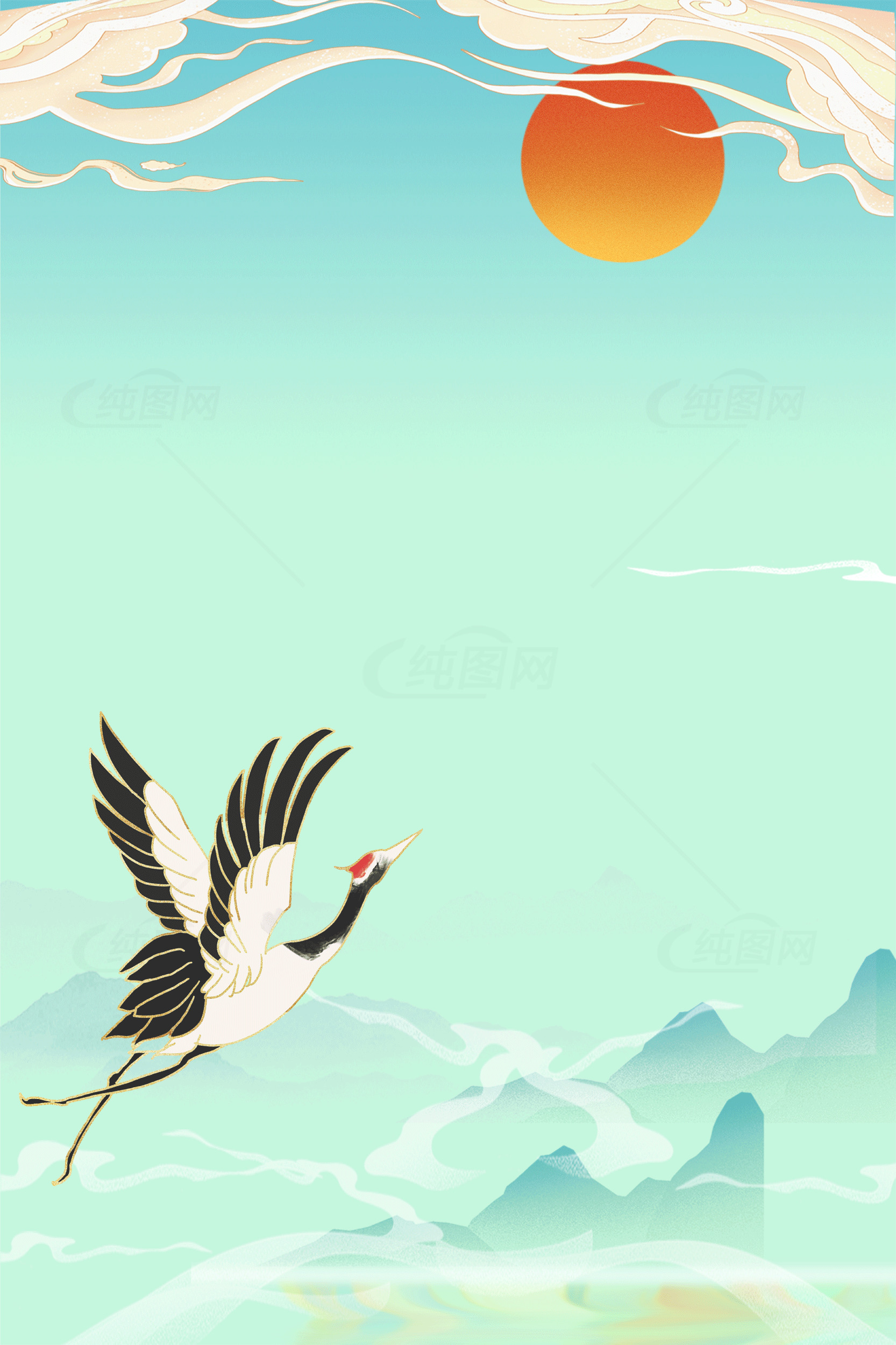 仙鹤与日出背景插画素材