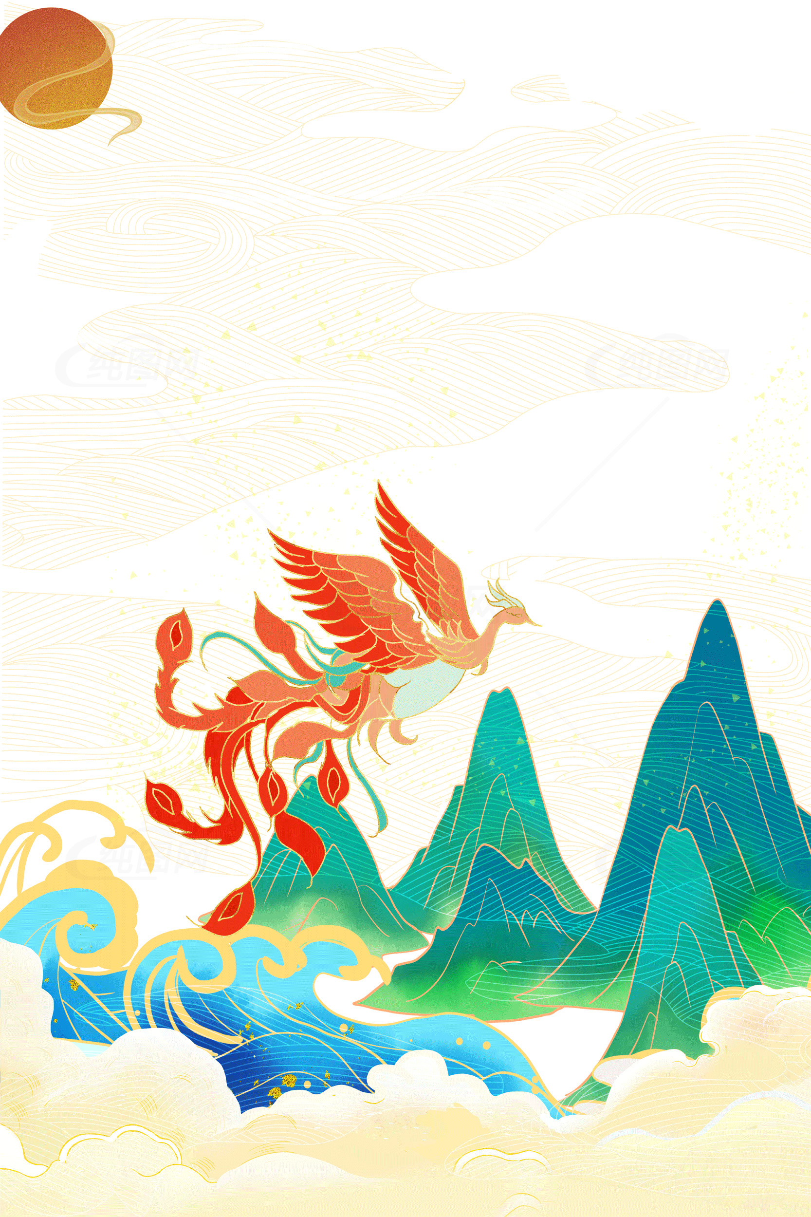 凤凰与山水的中国风插画素材