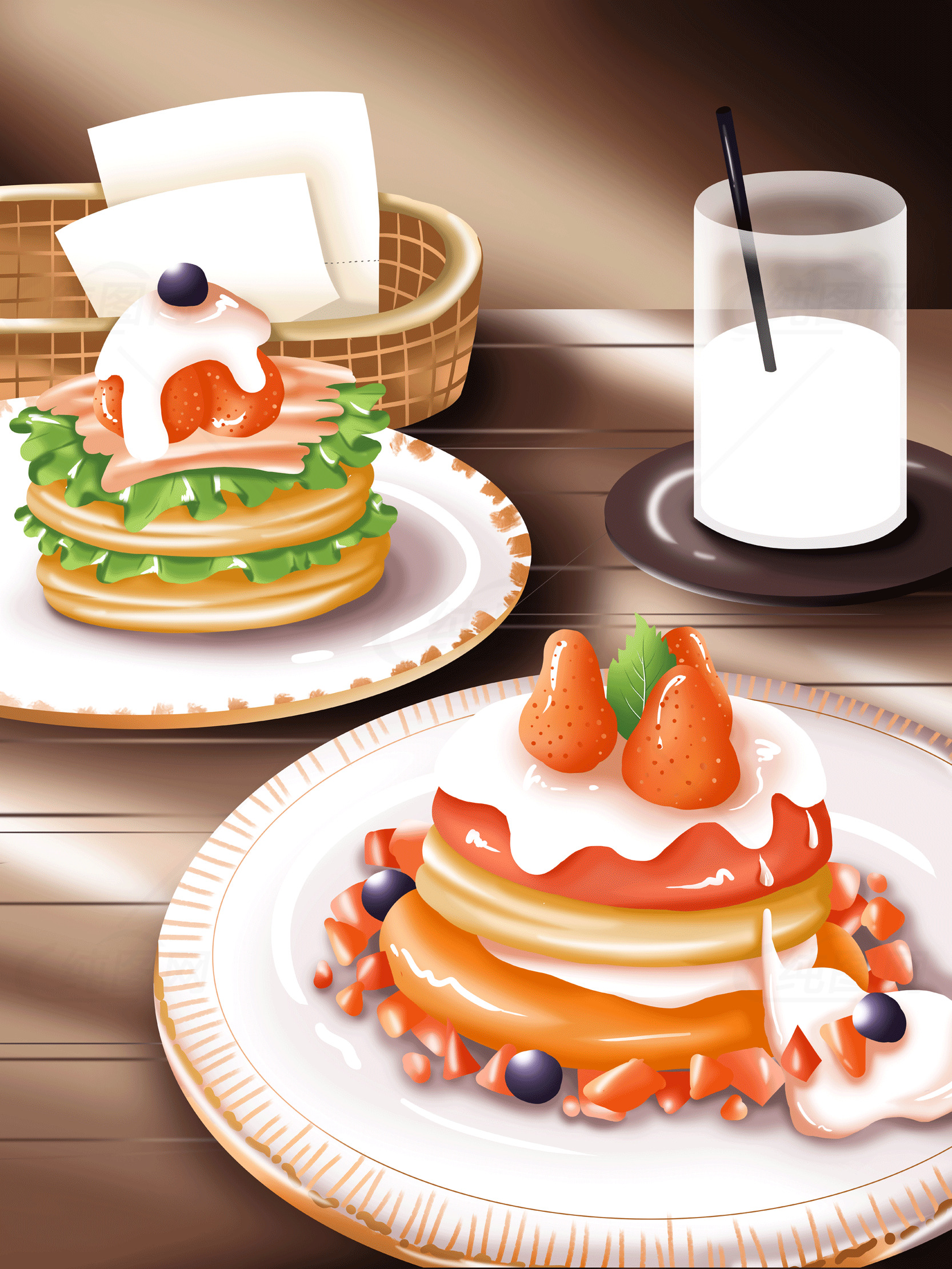 美味的草莓和奶油松饼早餐素材