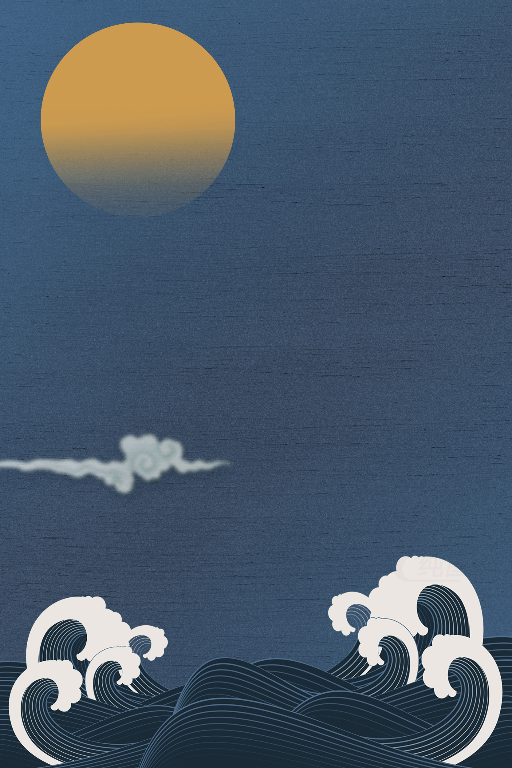 传统风格的海浪与月亮插画素材