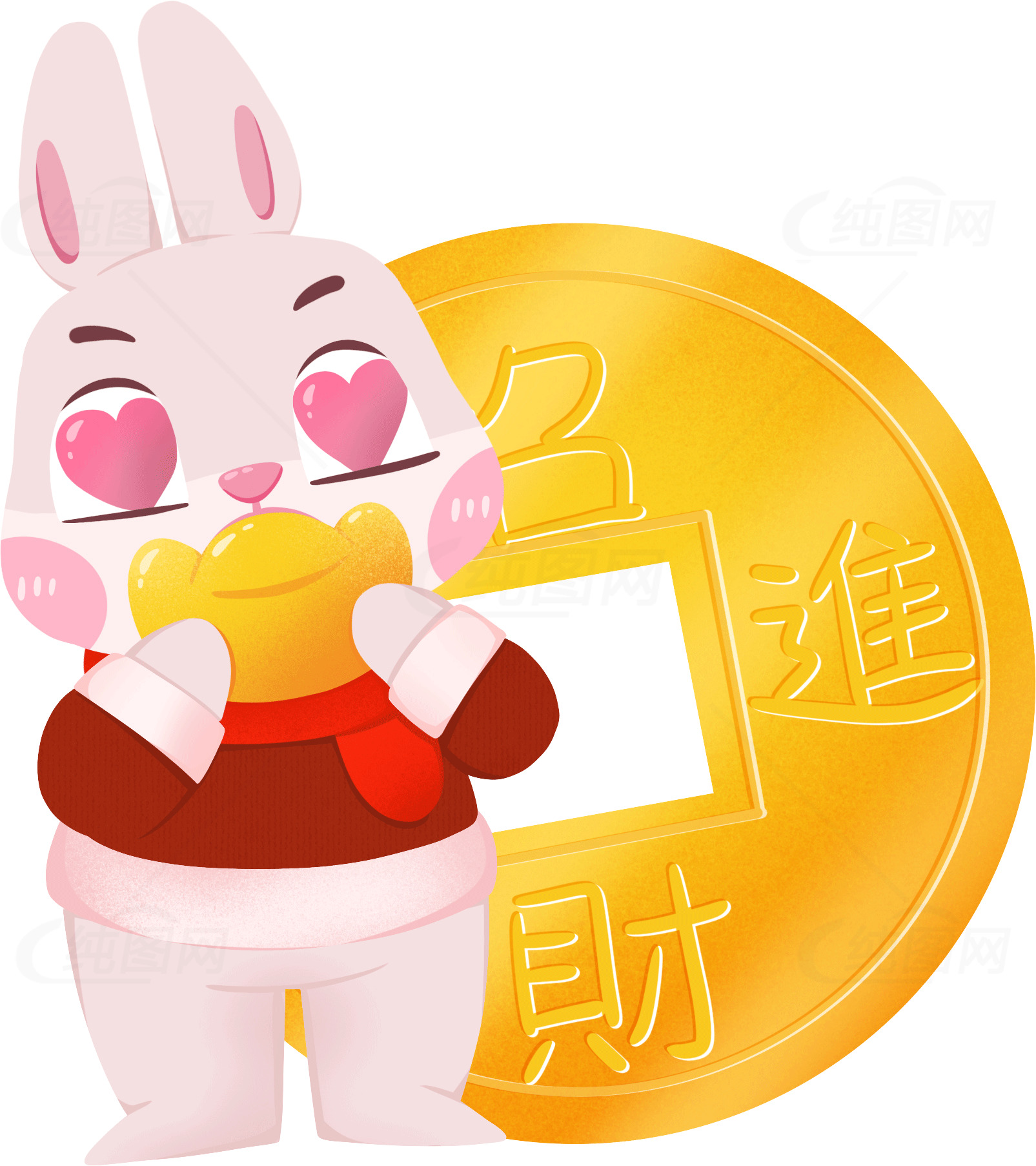 可爱兔子与金元宝插画：招财进宝的象征素材