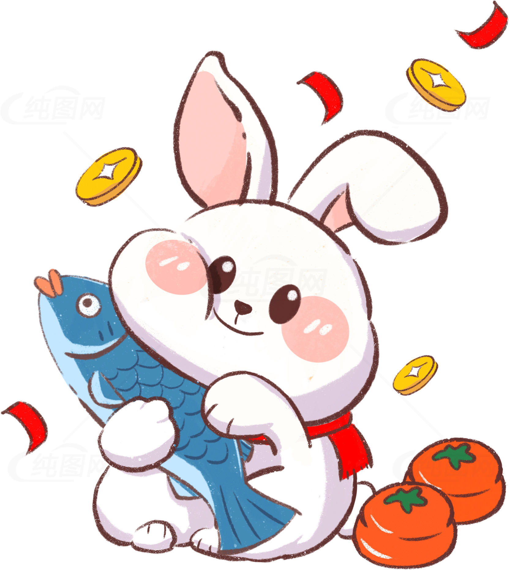 可爱兔子抱鱼插画：新年好运象征素材