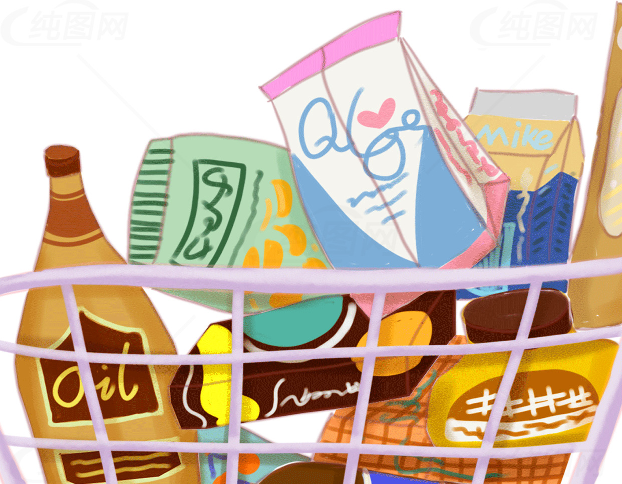 购物篮中的零食插画素材