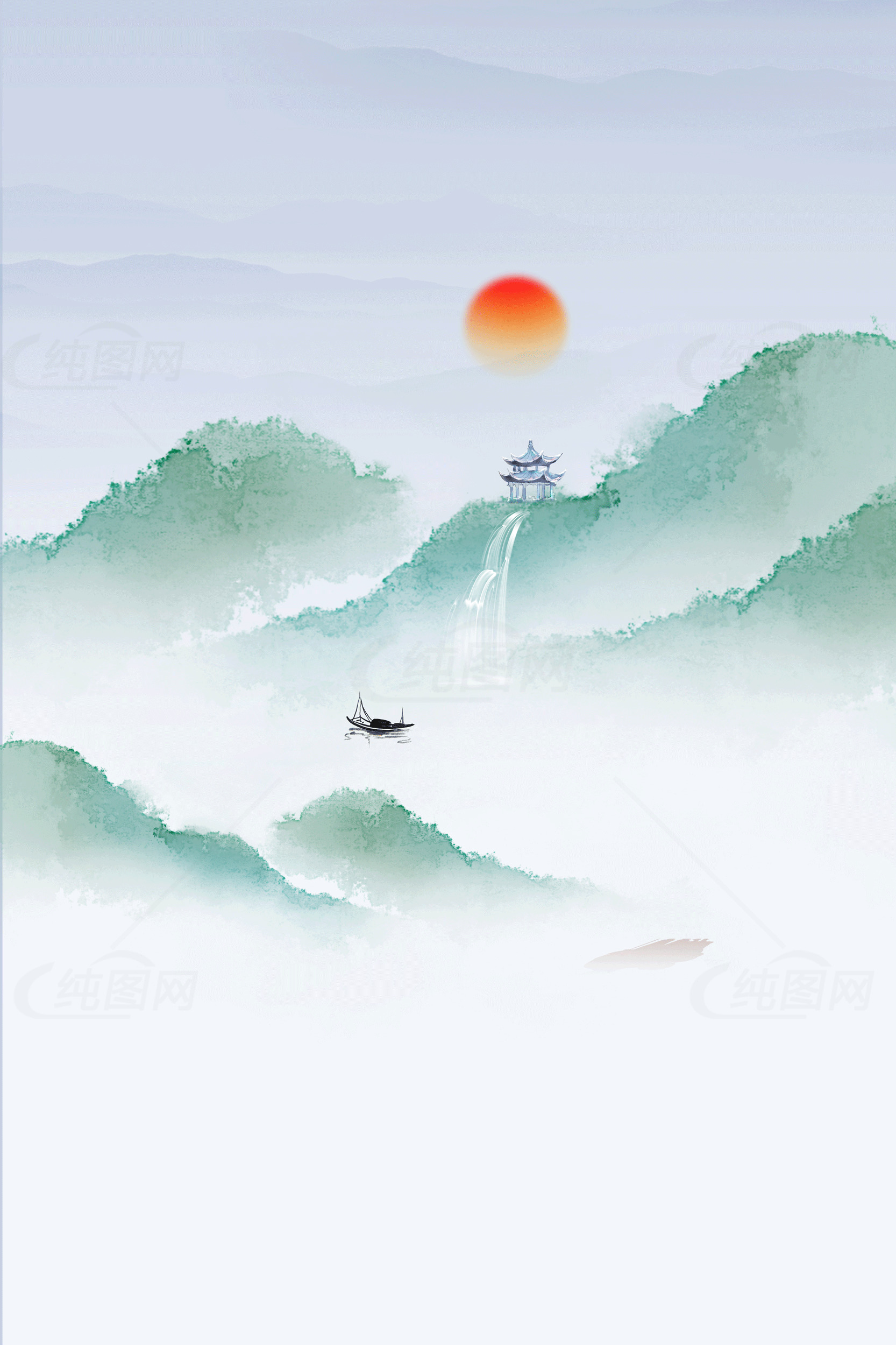 唯美山水画：东方日出景观素材