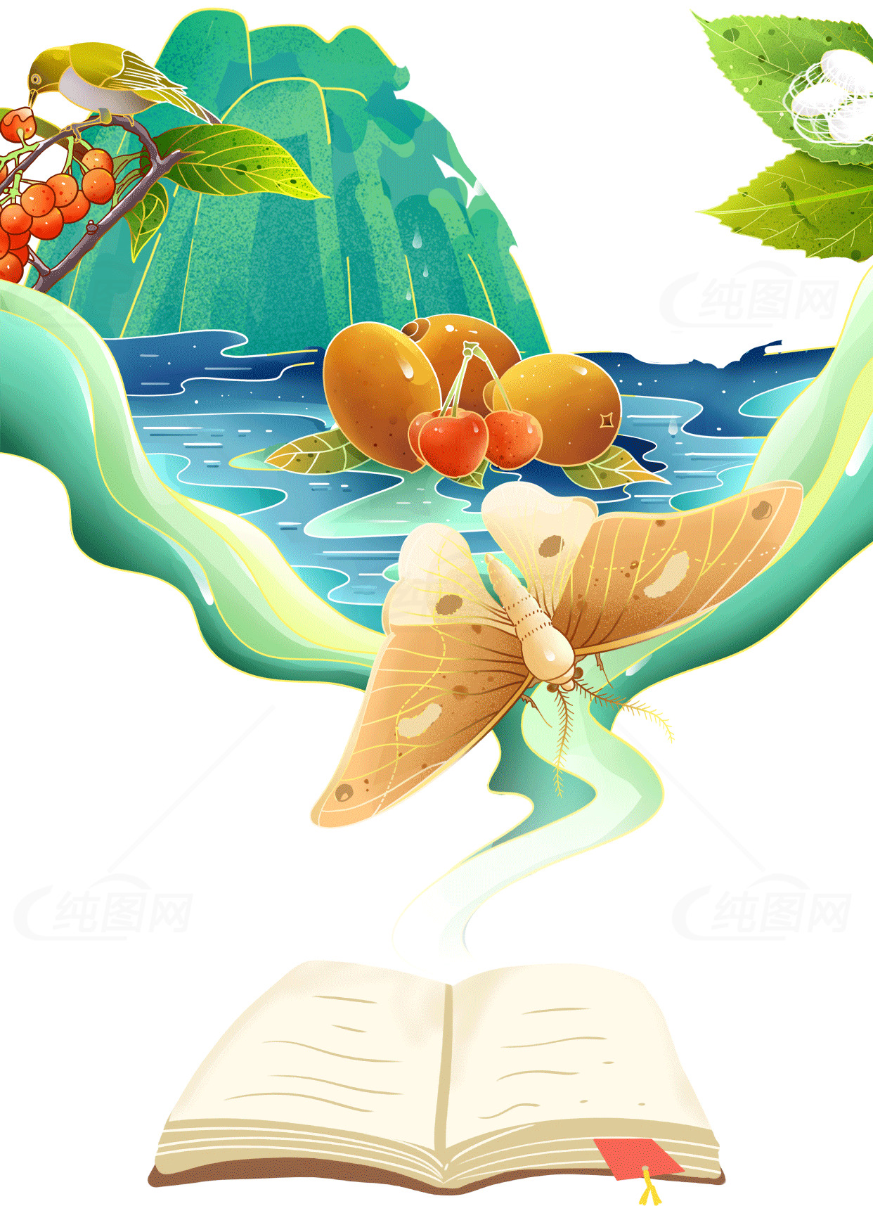 自然与书籍的奇幻插画素材