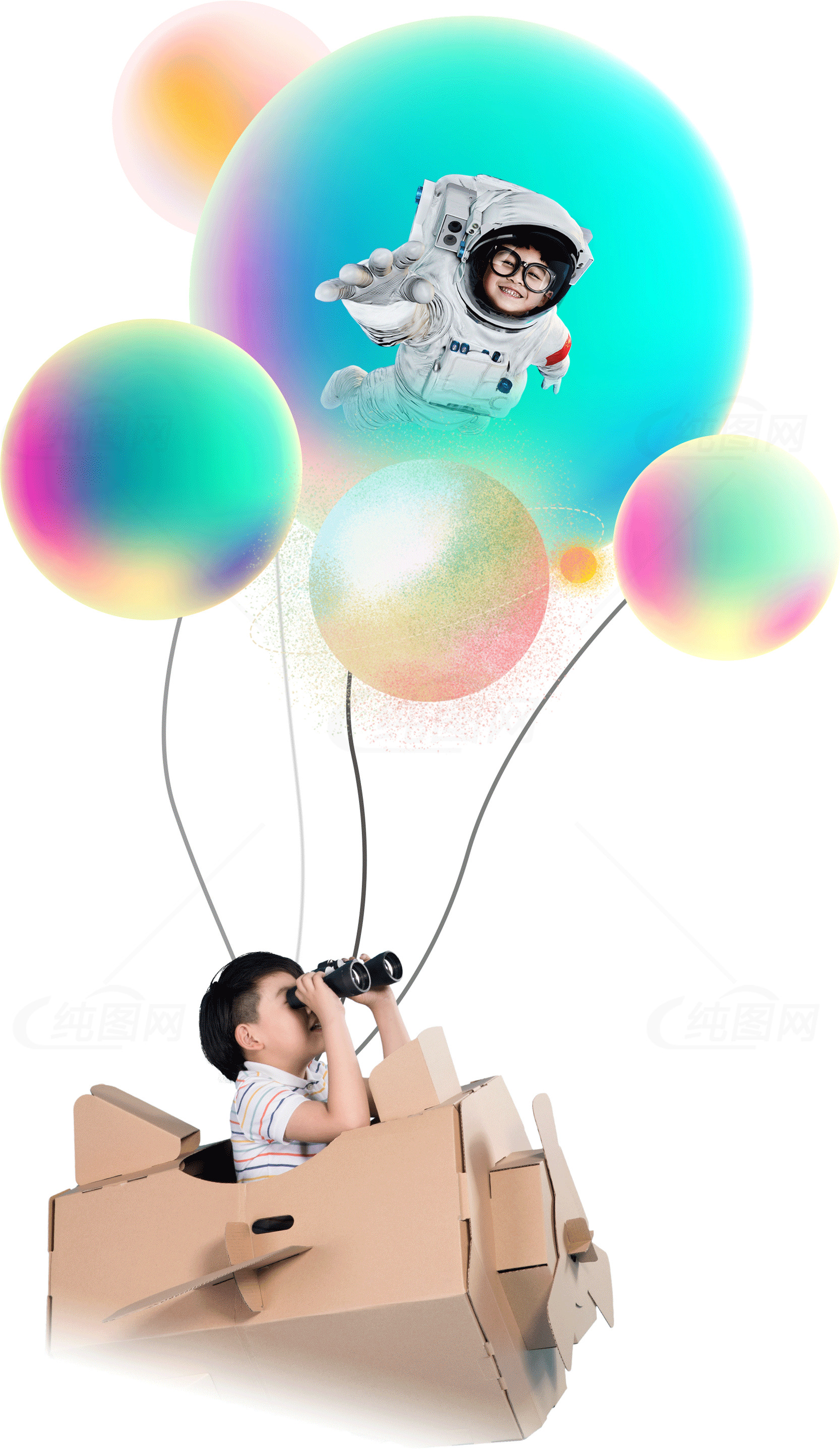 孩子的太空梦想：纸箱飞船与气球宇航员素材