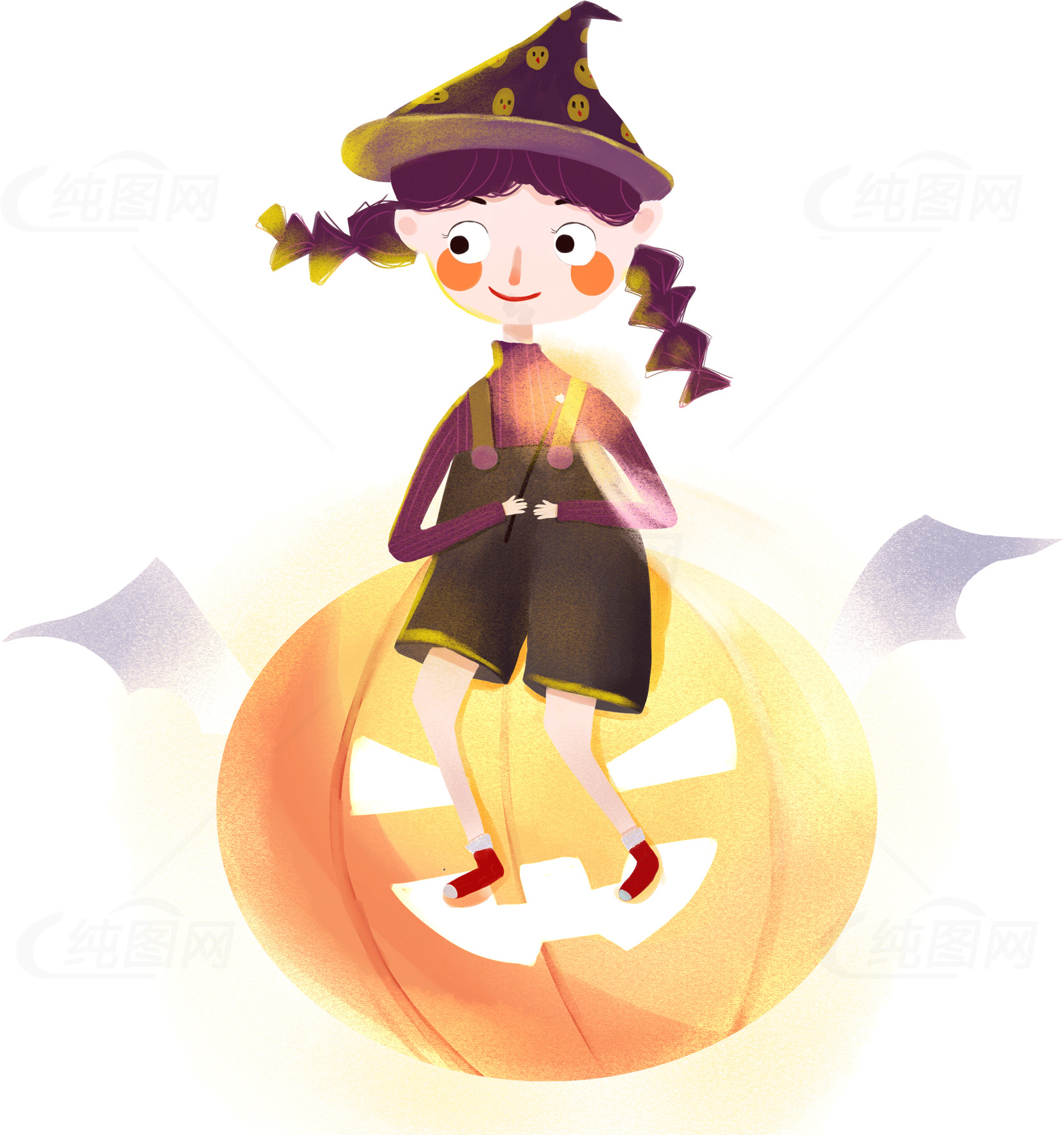 万圣节南瓜上的小女巫插画素材