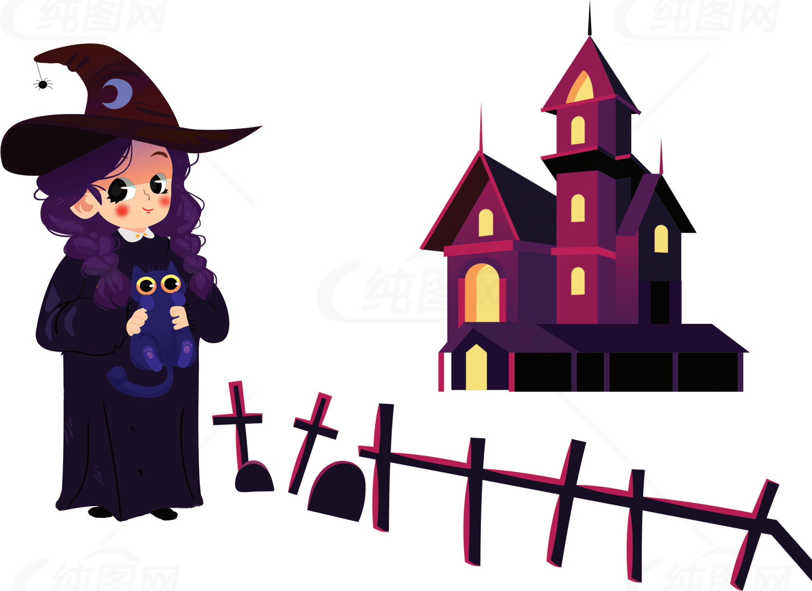 可爱女巫与神秘城堡插画素材