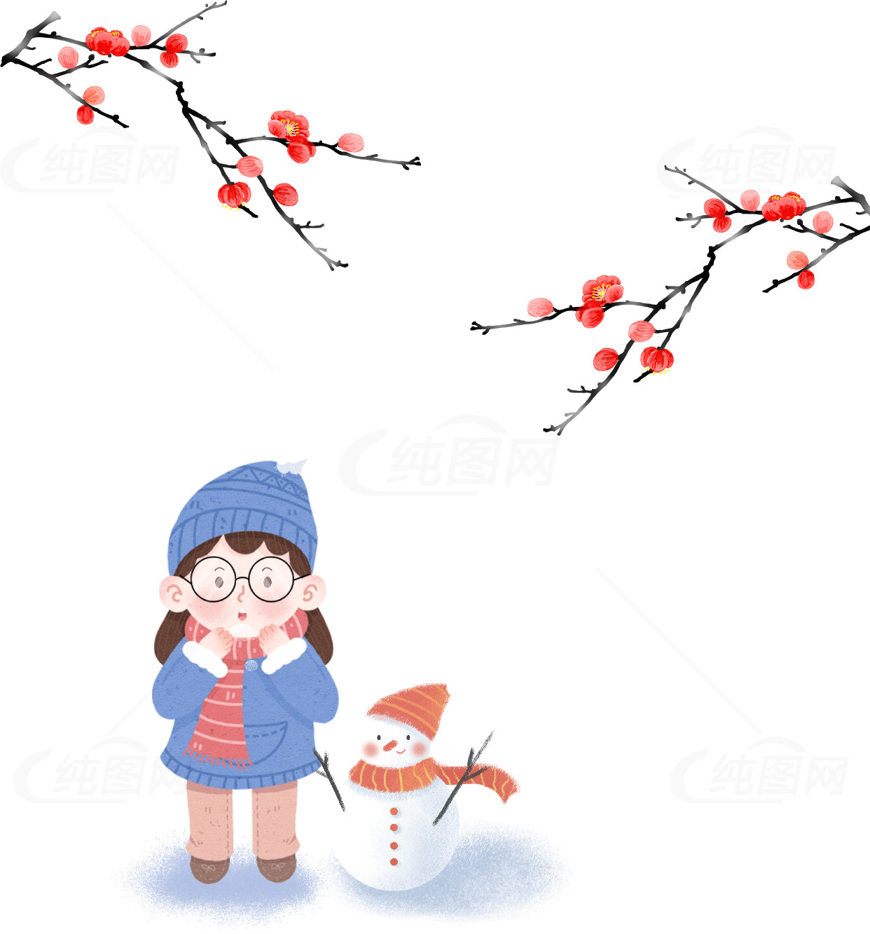 冬季插画：女孩与雪人素材