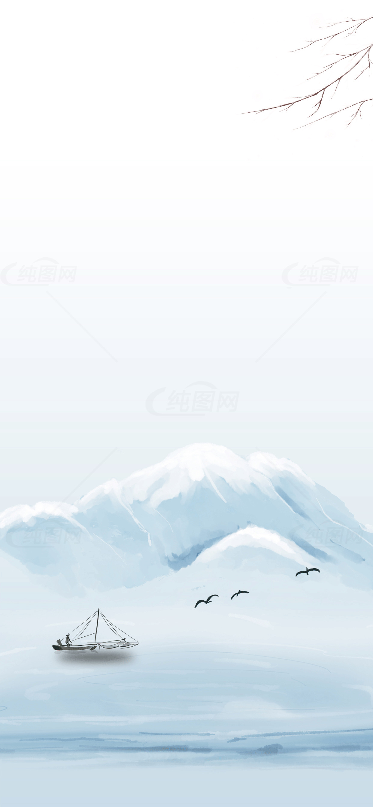 冬季山水画：宁静的雪景与湖泊素材