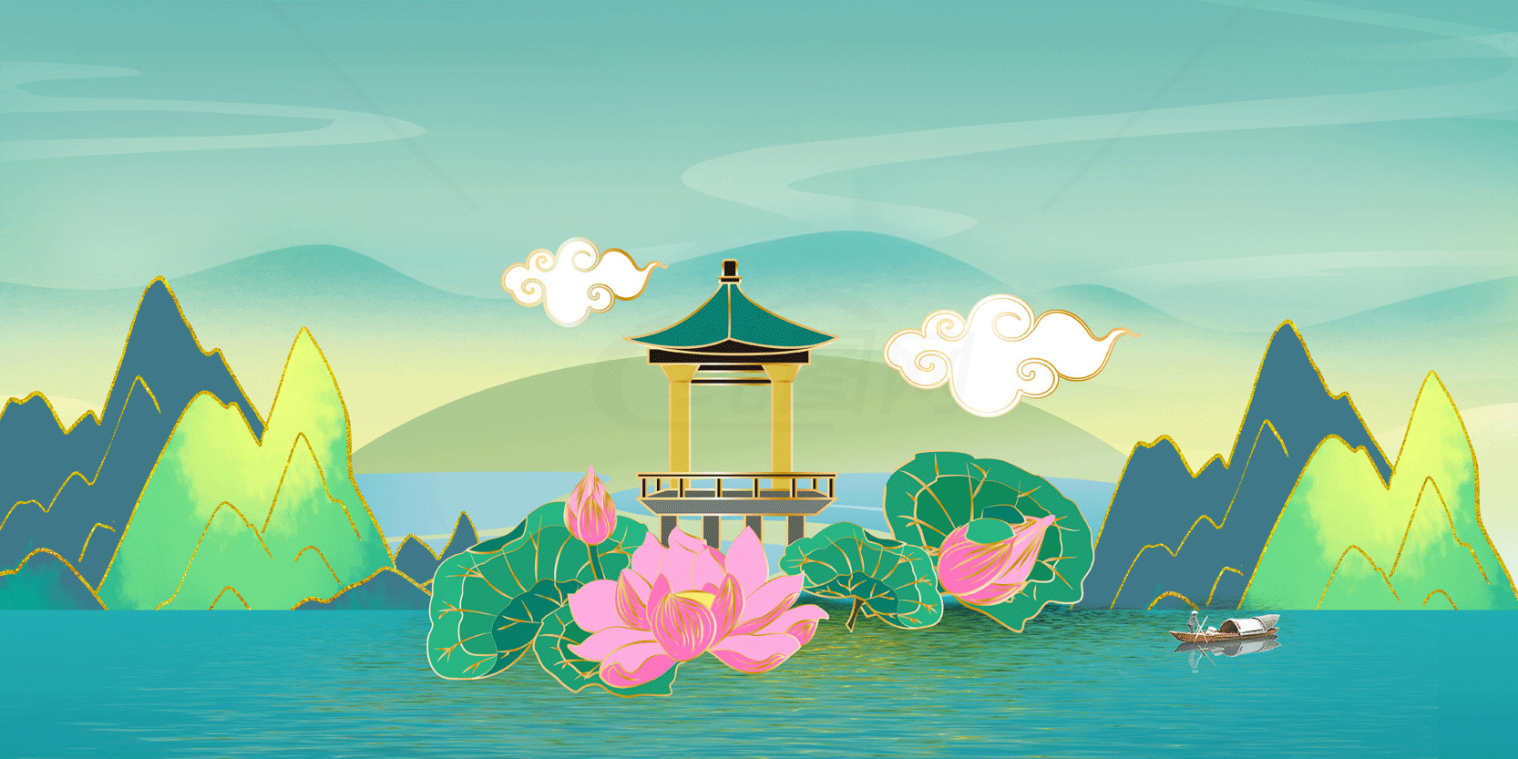 中国风山水插画：荷花与亭台素材