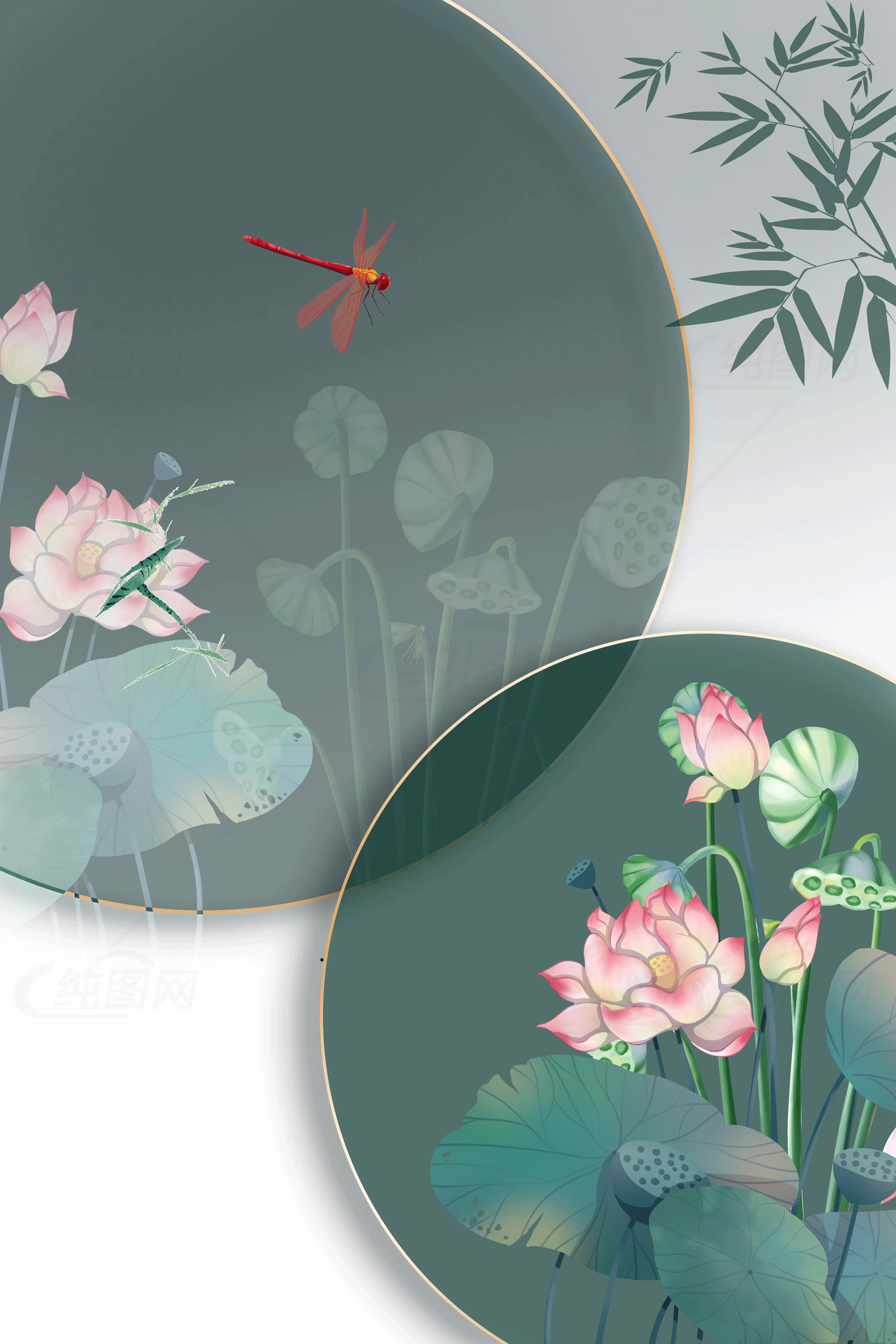 中国风荷花与蜻蜓插画素材