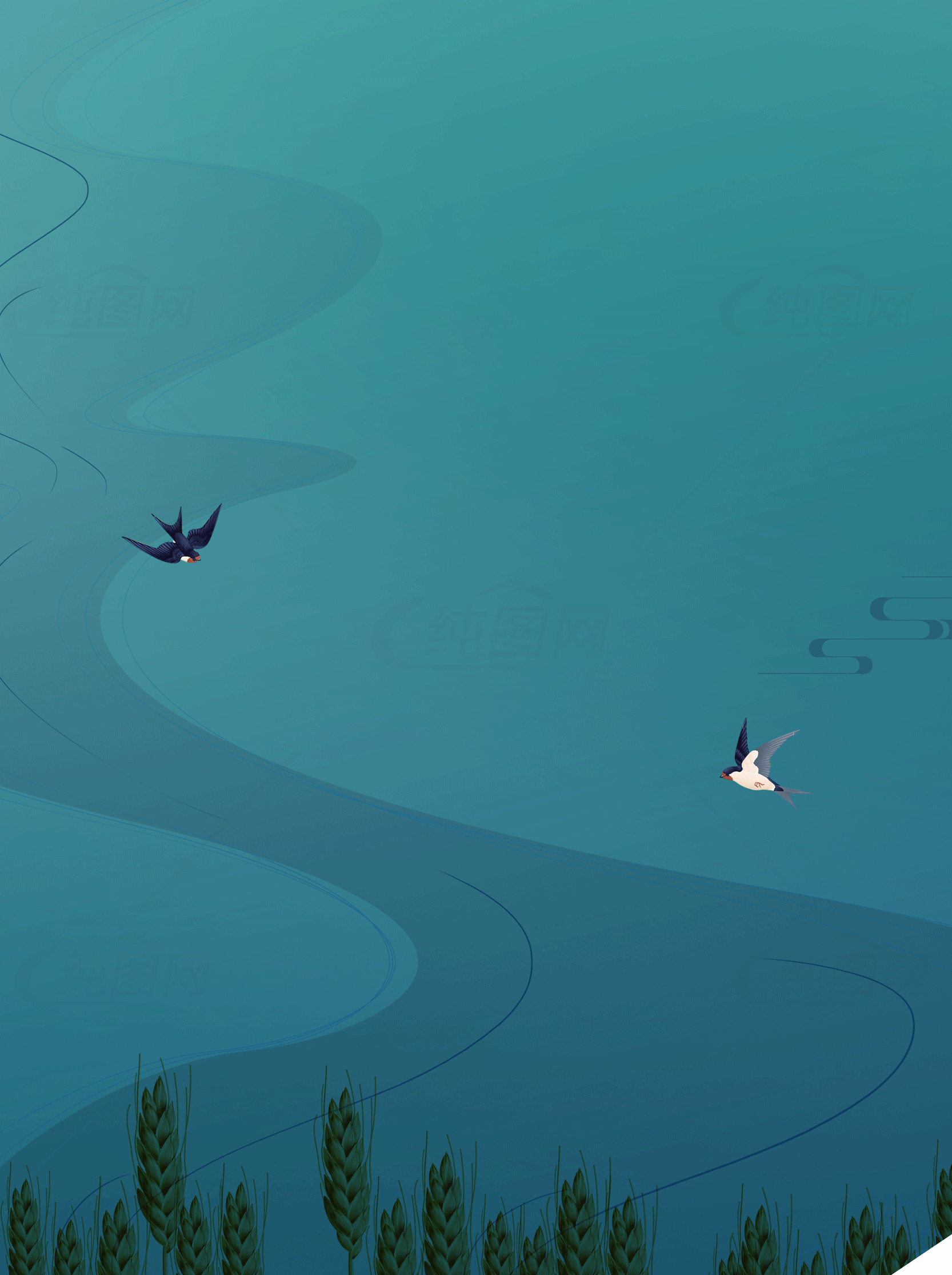 清新自然的湖面与飞鸟插画素材