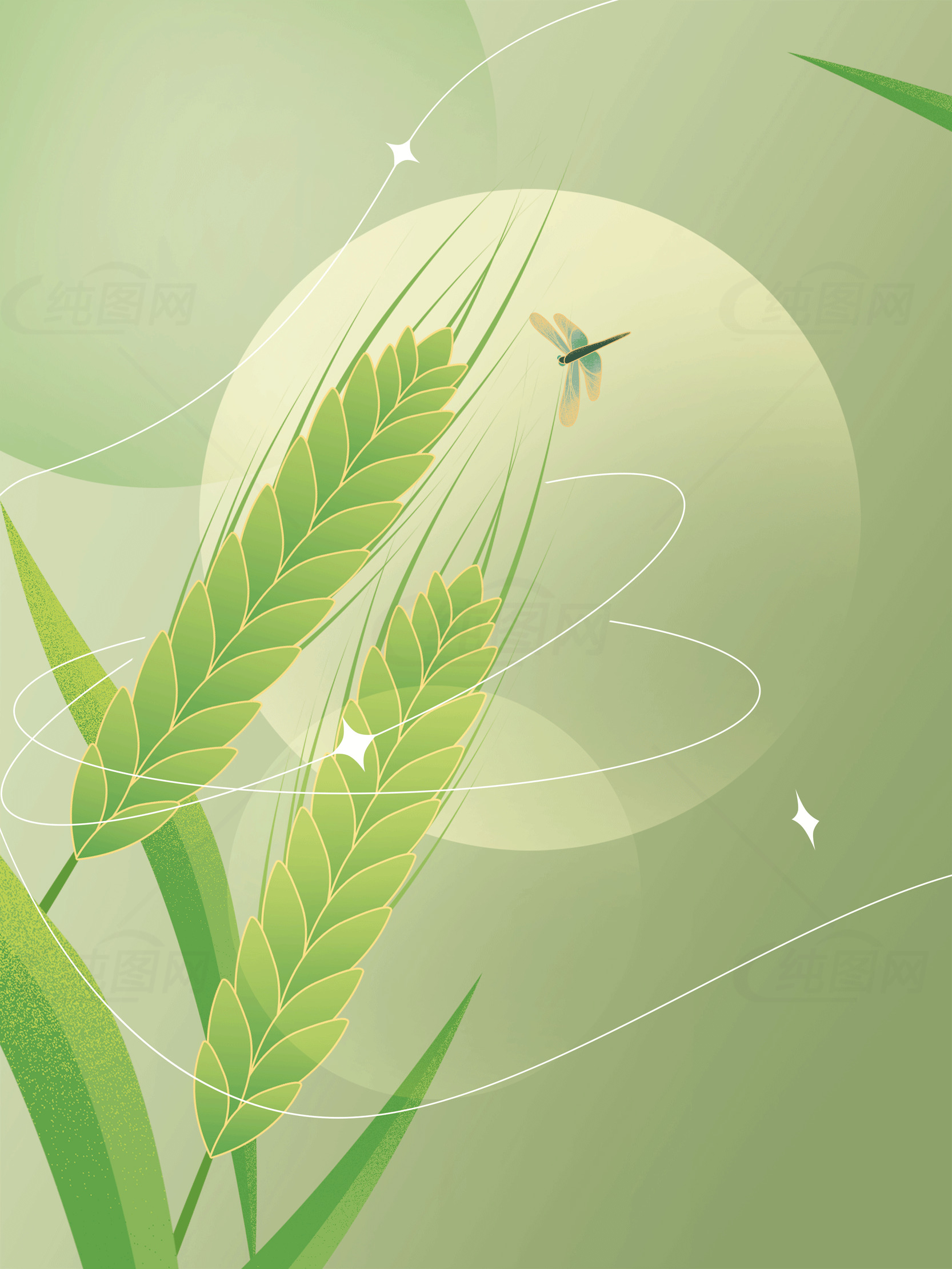 绿色自然插画：稻穗与蜻蜓的和谐之美素材