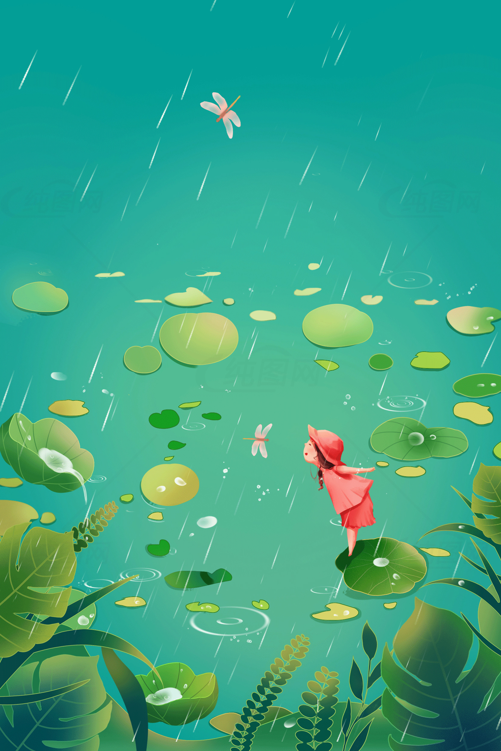 梦幻雨中荷塘插画素材