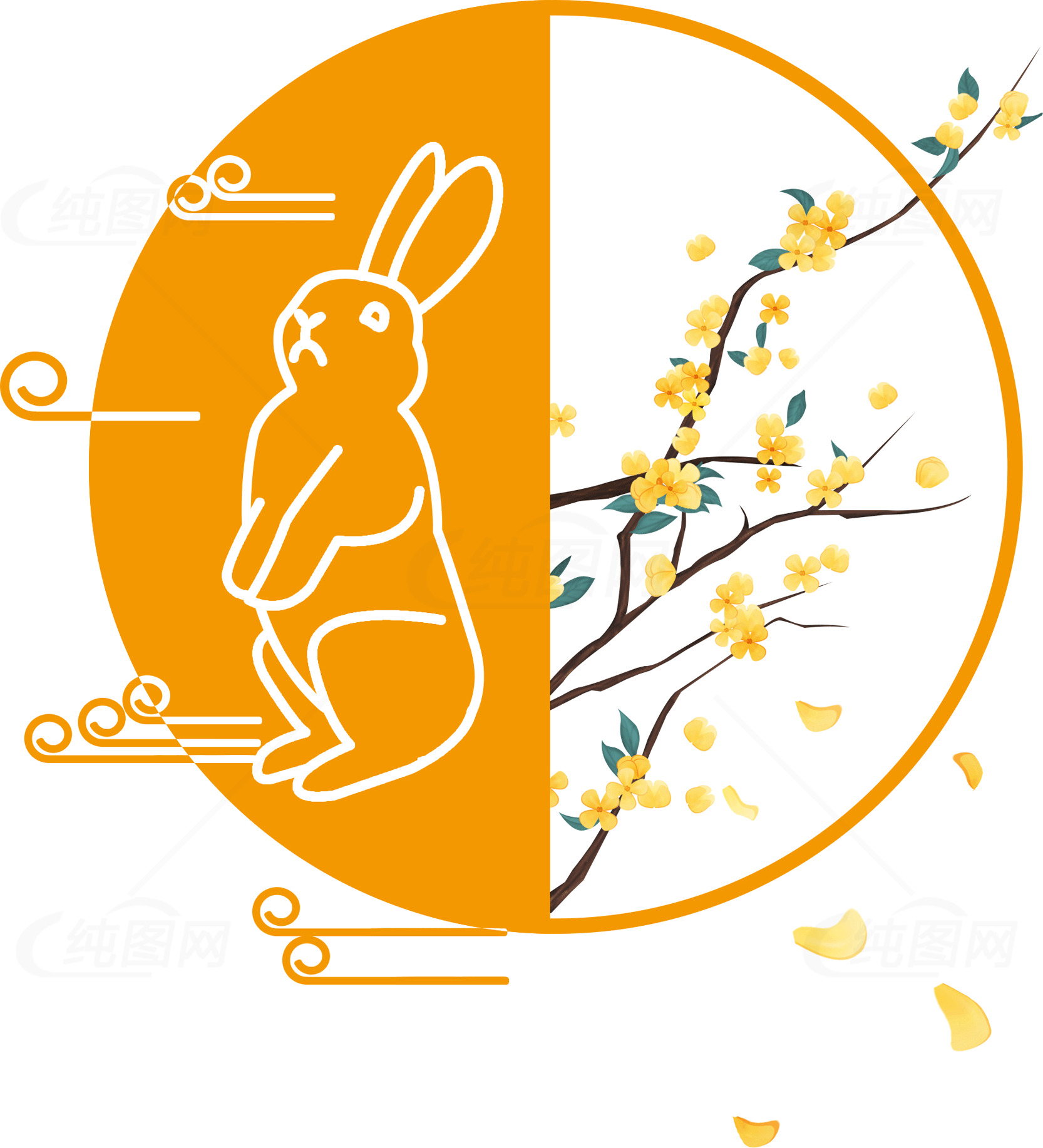 中秋节兔子与花卉插画设计素材