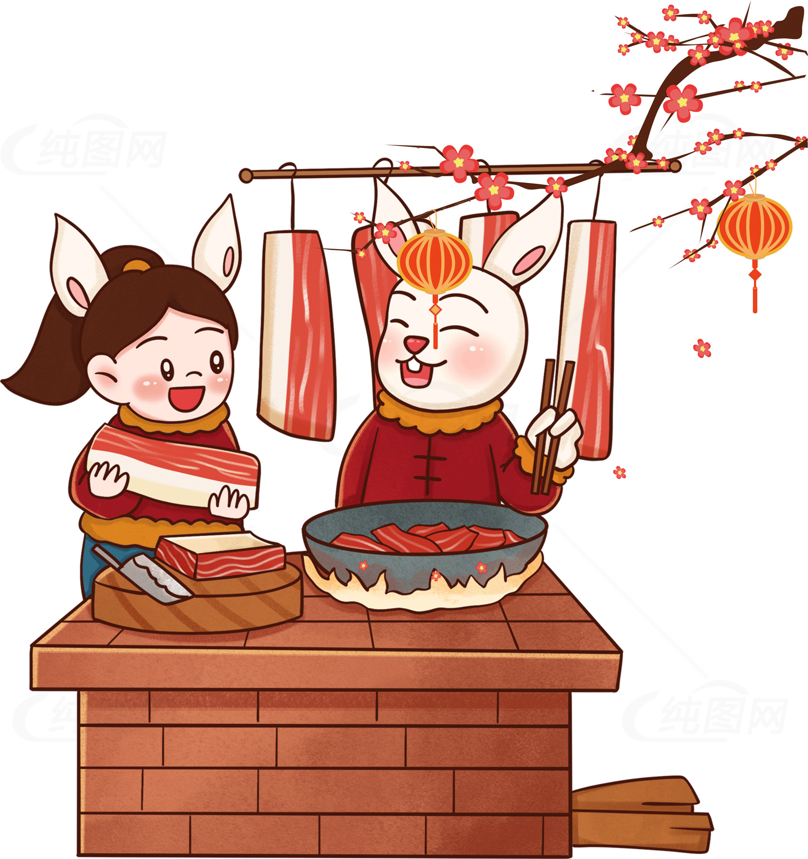 兔年春节腊肉制作插画素材