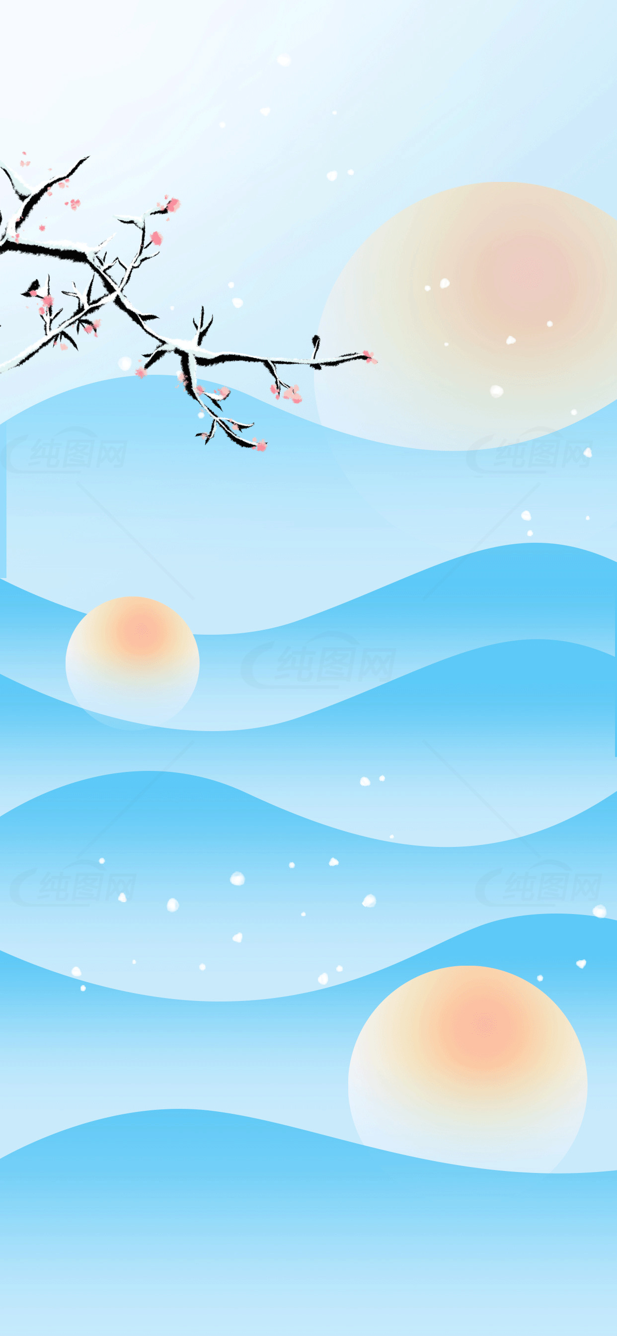 唯美水墨风景插画：蓝色波浪与日出素材