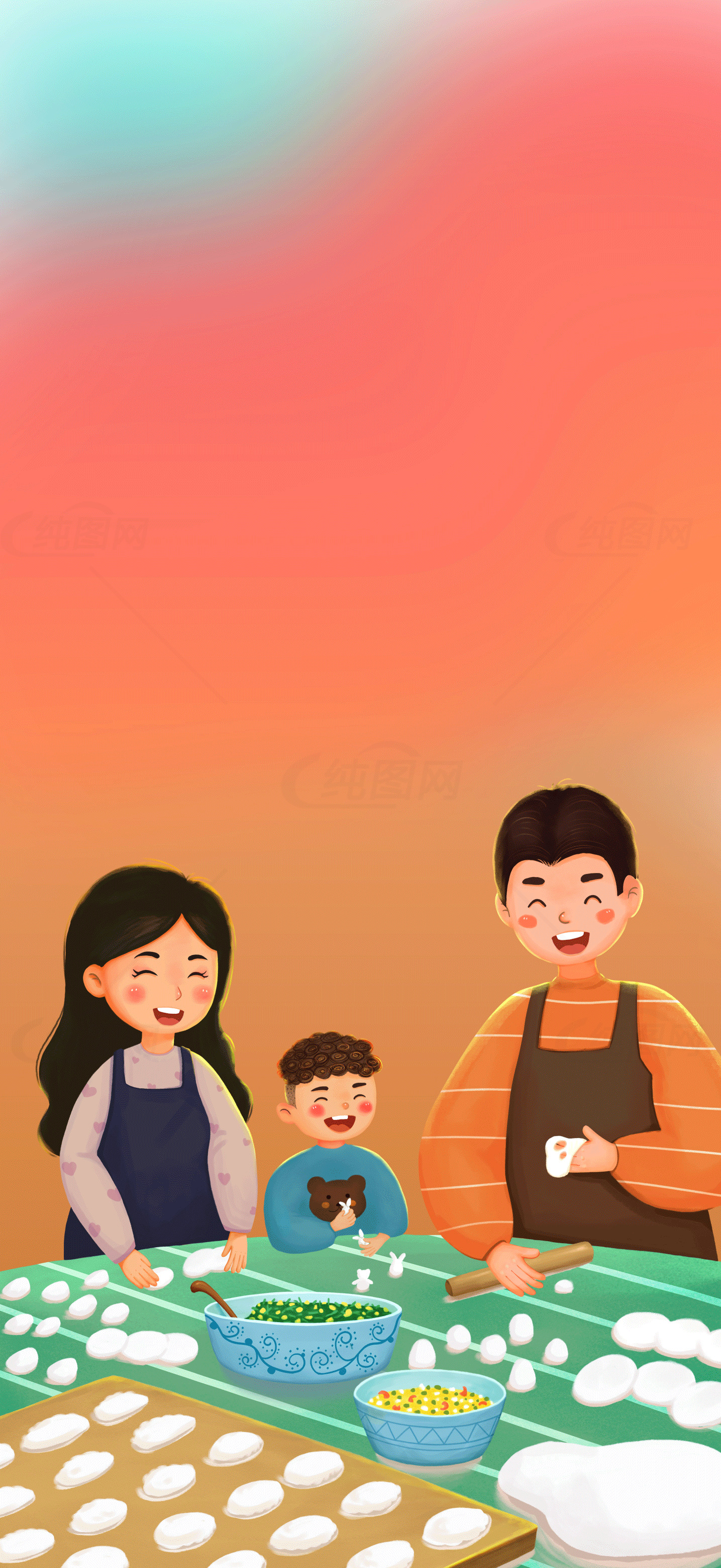 家庭团聚制作饺子插画素材