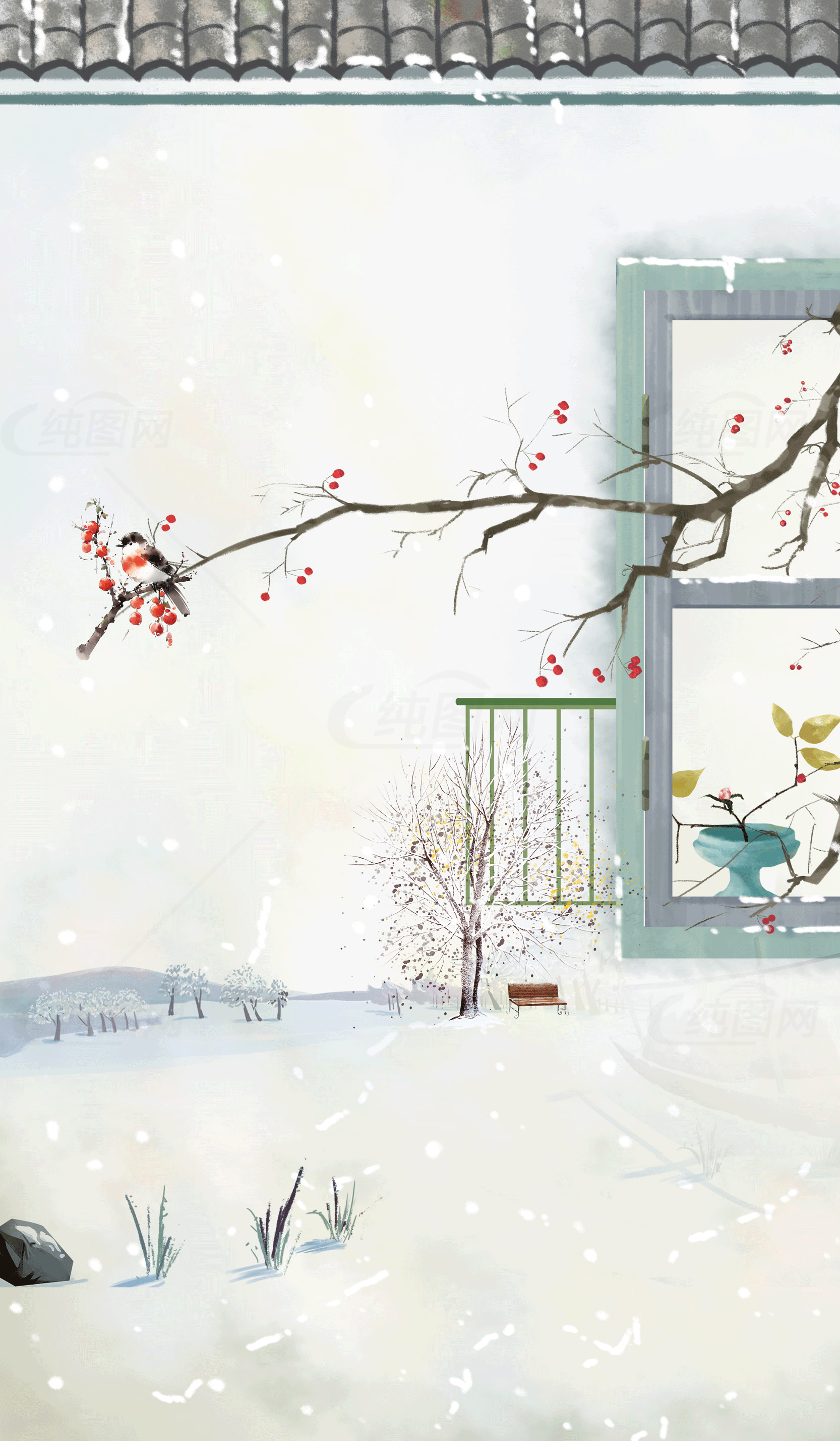 冬日雪景中的鸟与窗素材