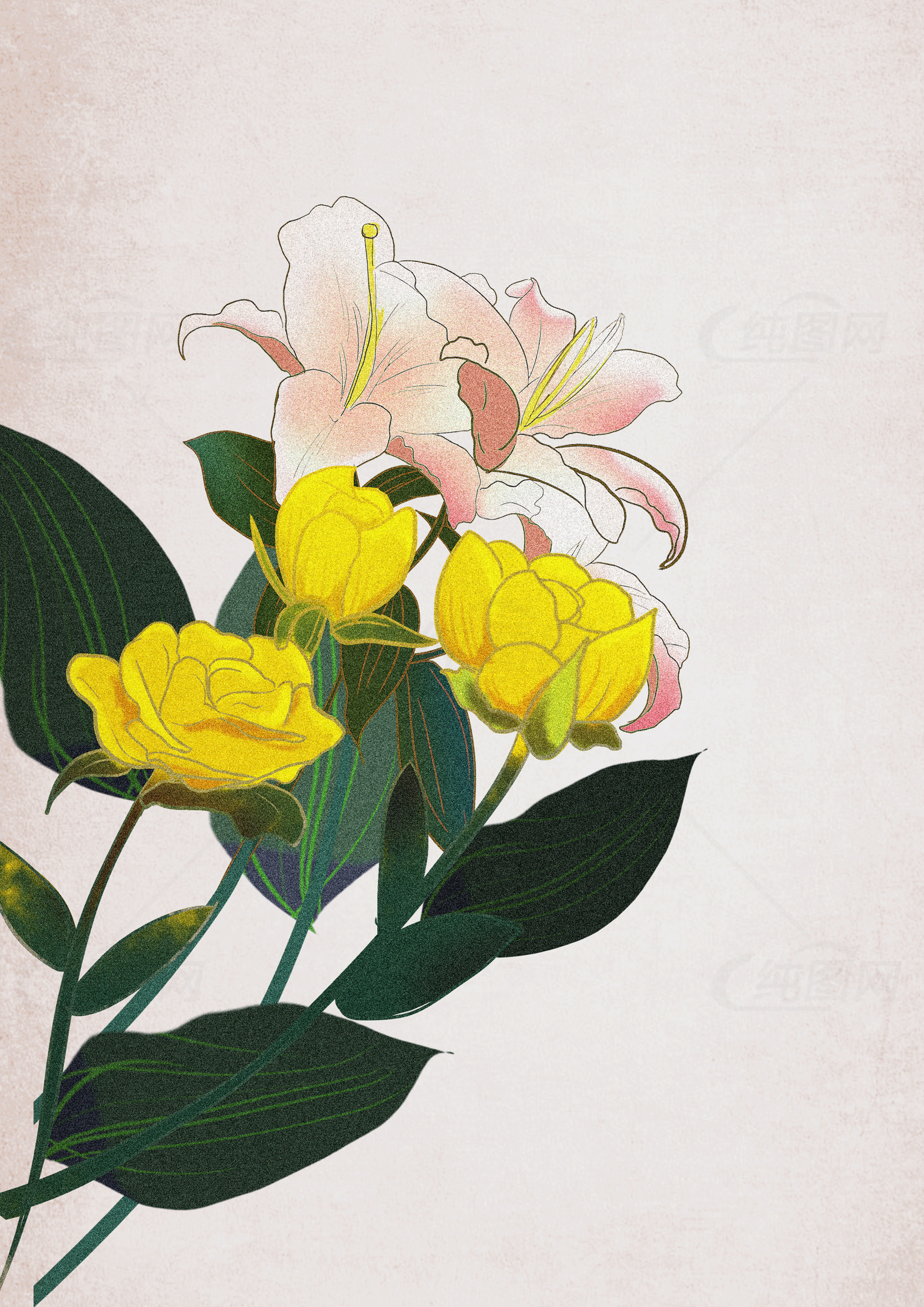 精美手绘花卉插画：黄色玫瑰与粉色百合的艺术之美素材