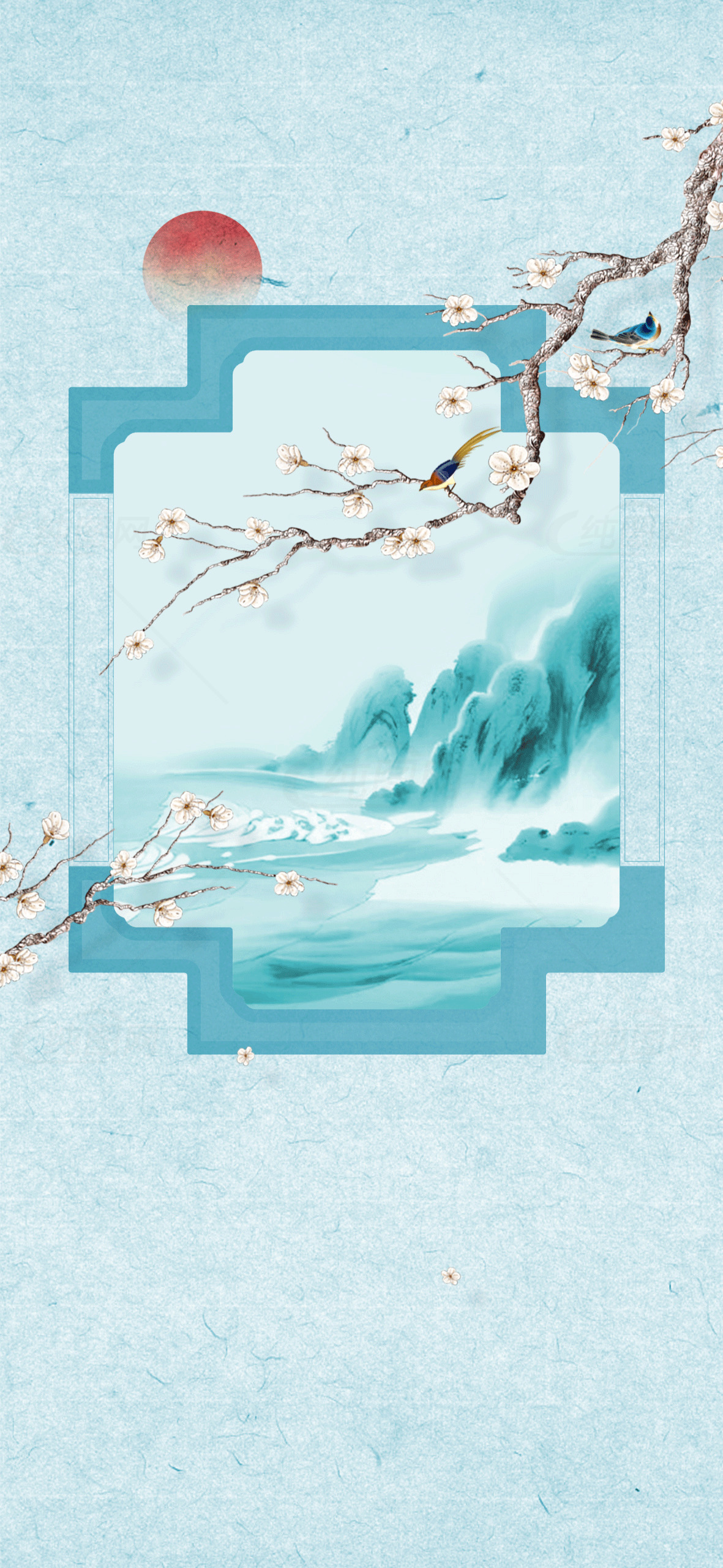 中国风水墨画背景：梅花与山水素材