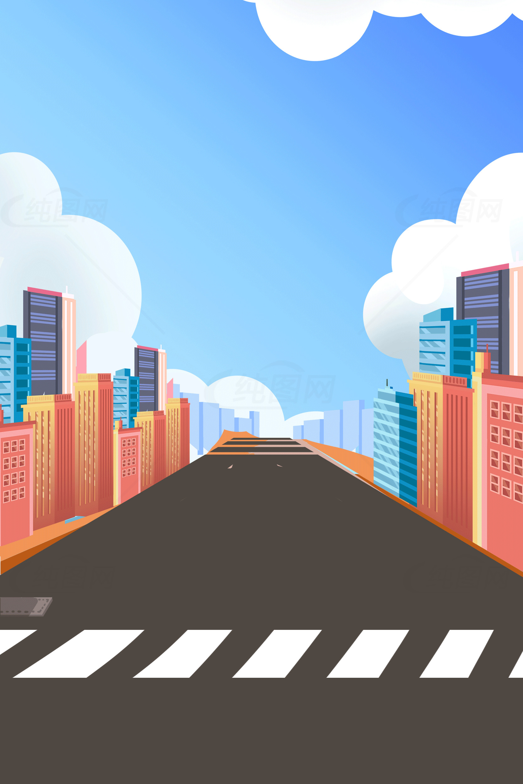 宽阔马路与高楼林立的卡通城市景观素材