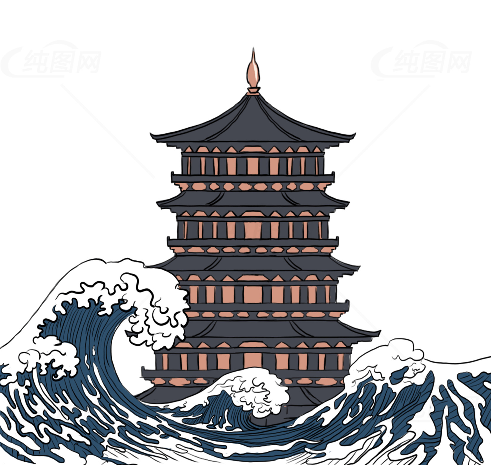 传统日式浮世绘风格的海浪与塔楼插画素材