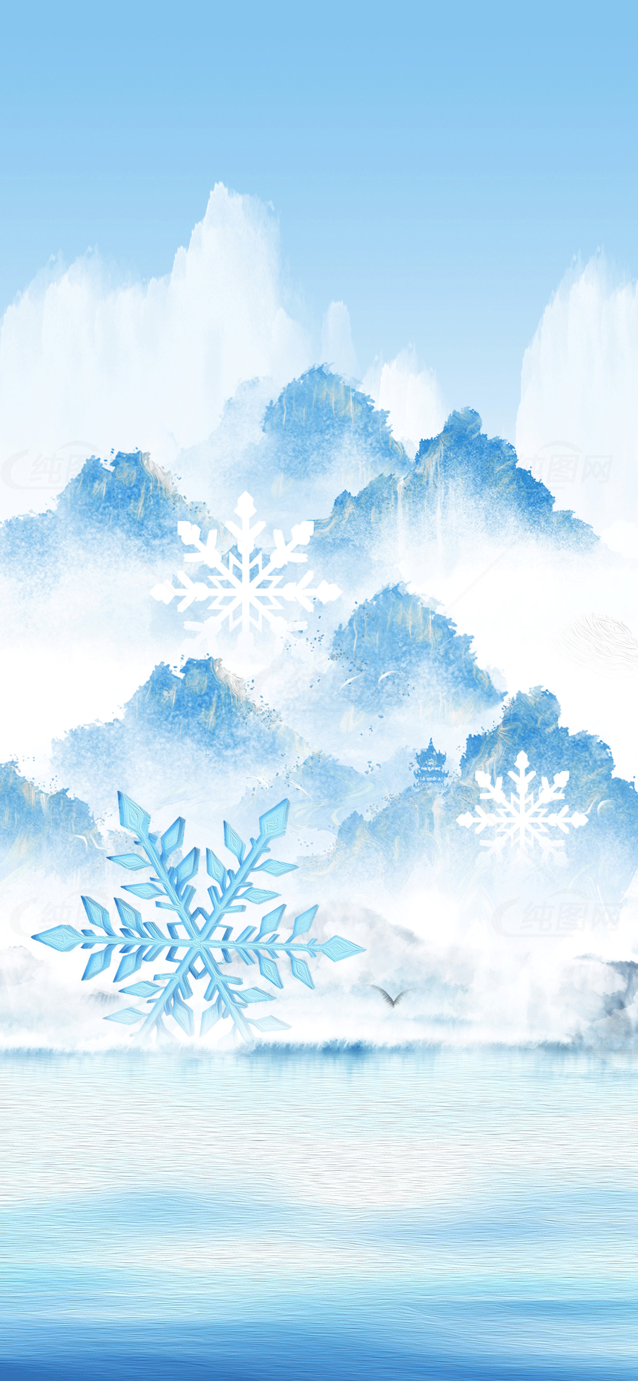 冬季山水画与雪花背景素材