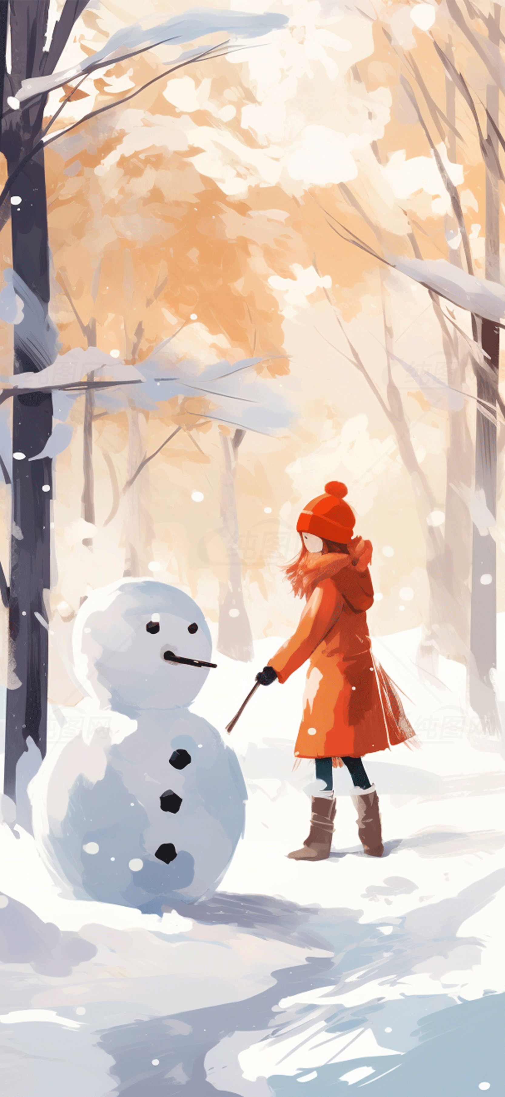 冬季森林中的雪人和女孩插画素材