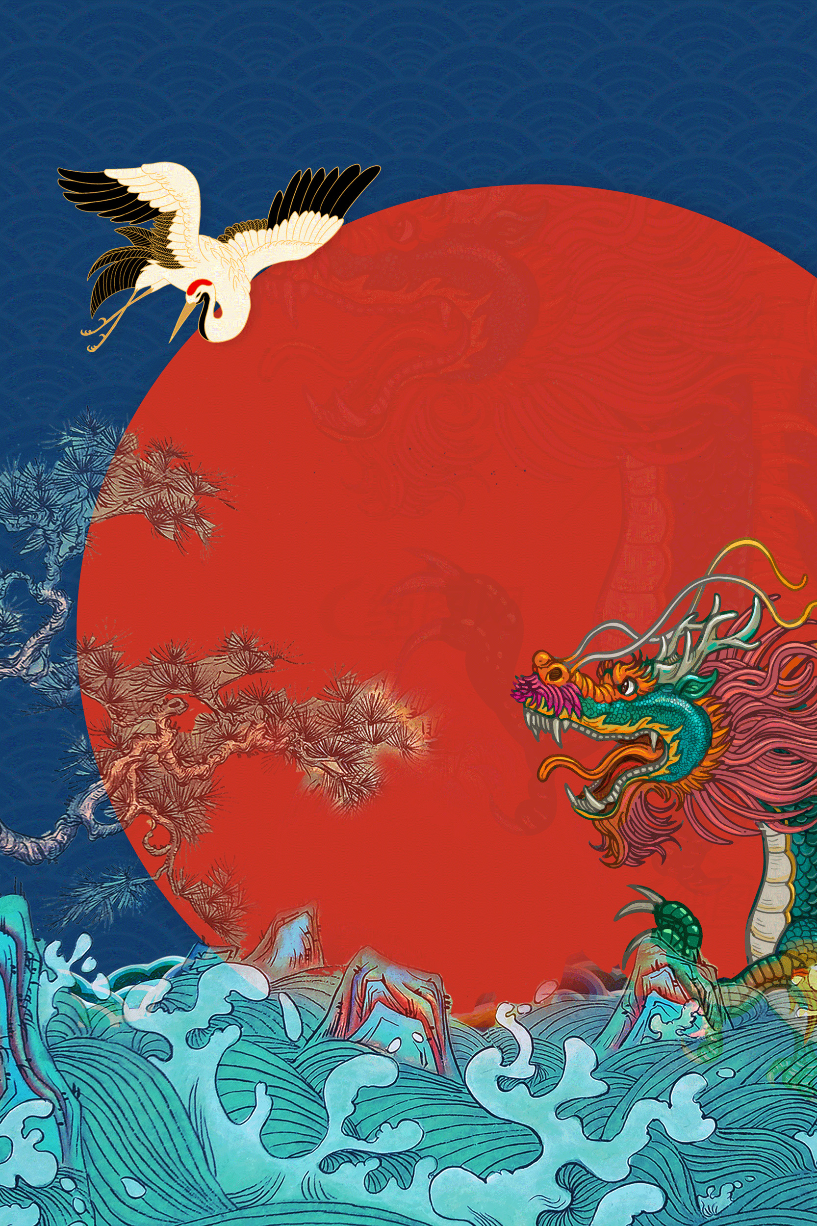 传统东方艺术：龙与鹤的和谐画面素材