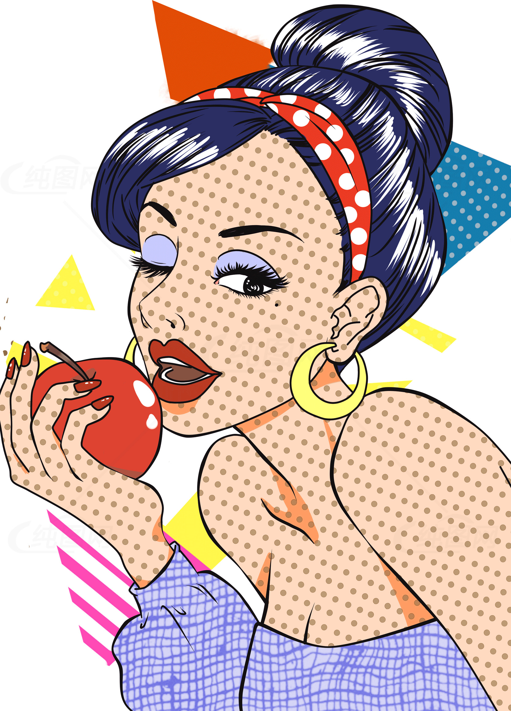 复古波普艺术风格插画：红苹果与女性元素素材