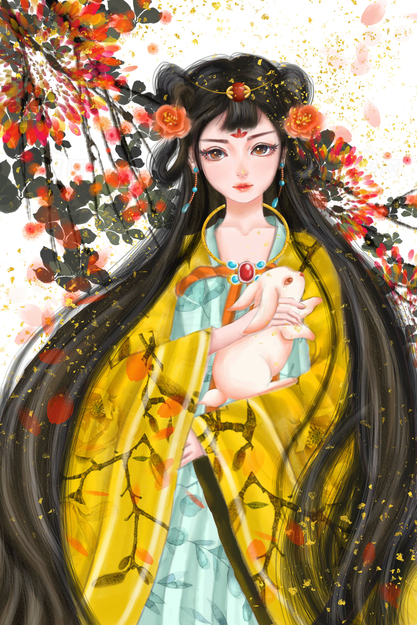 古风女子与兔子的唯美插画素材