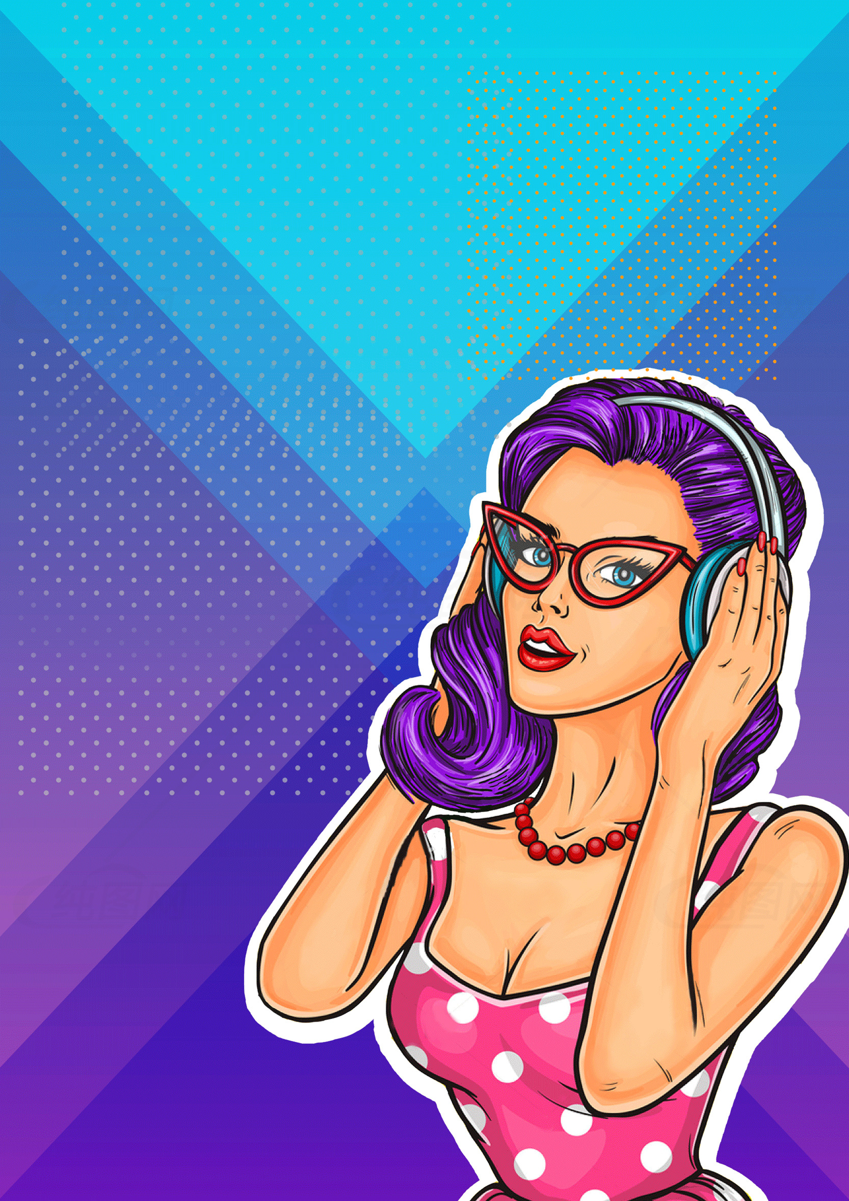 复古风格插画：听音乐的紫发女孩素材