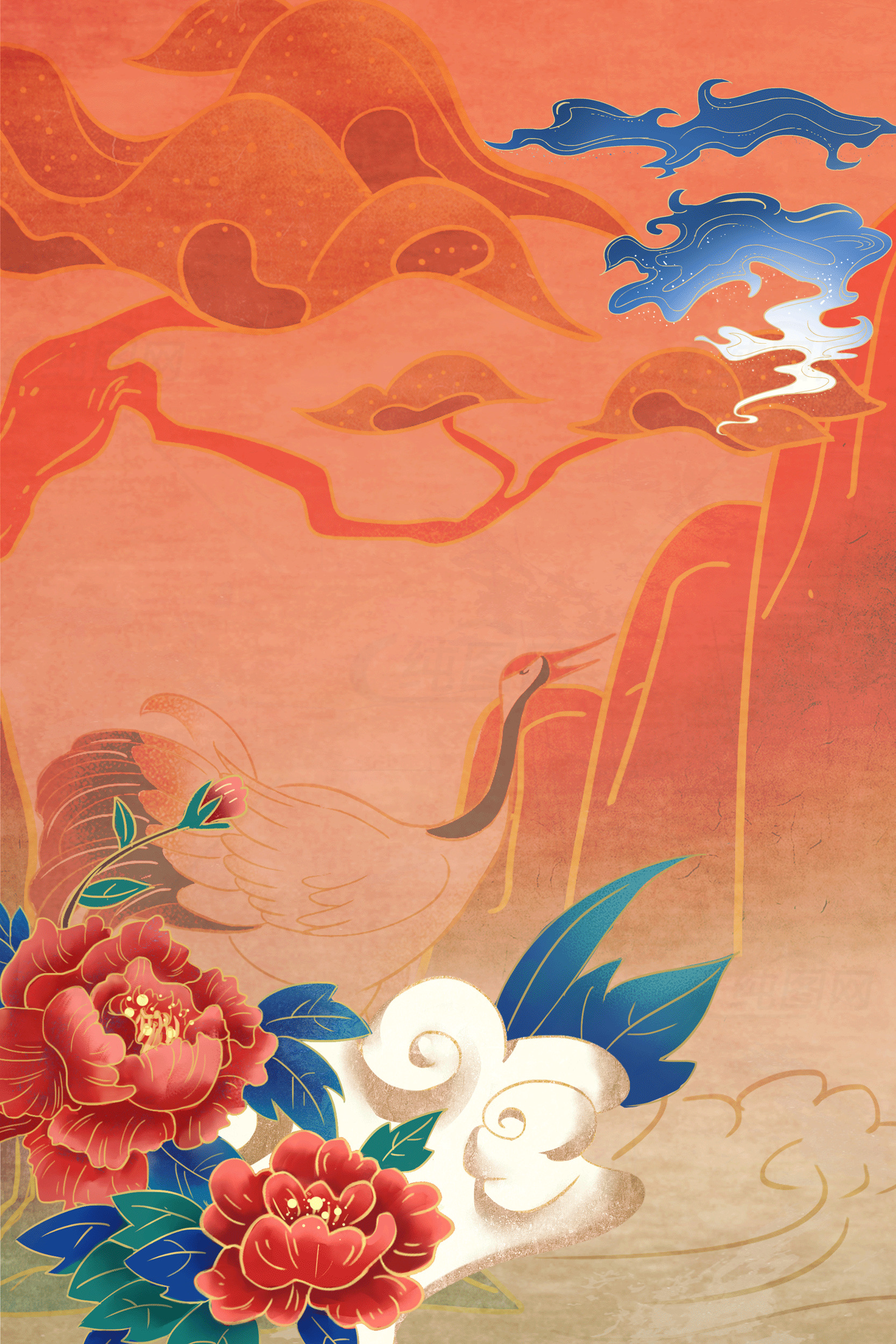 传统中国风插画：丹顶鹤与牡丹花素材