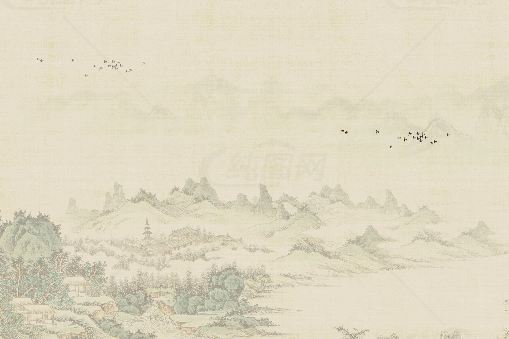 中国传统山水画：宁静的山川景色素材