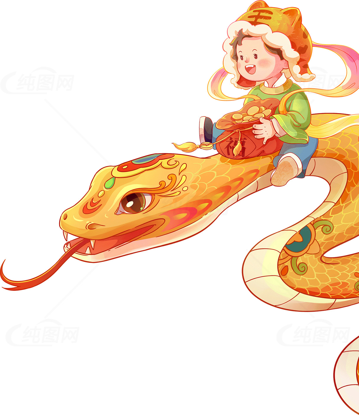 可爱儿童骑乘金色巨蛇插画素材