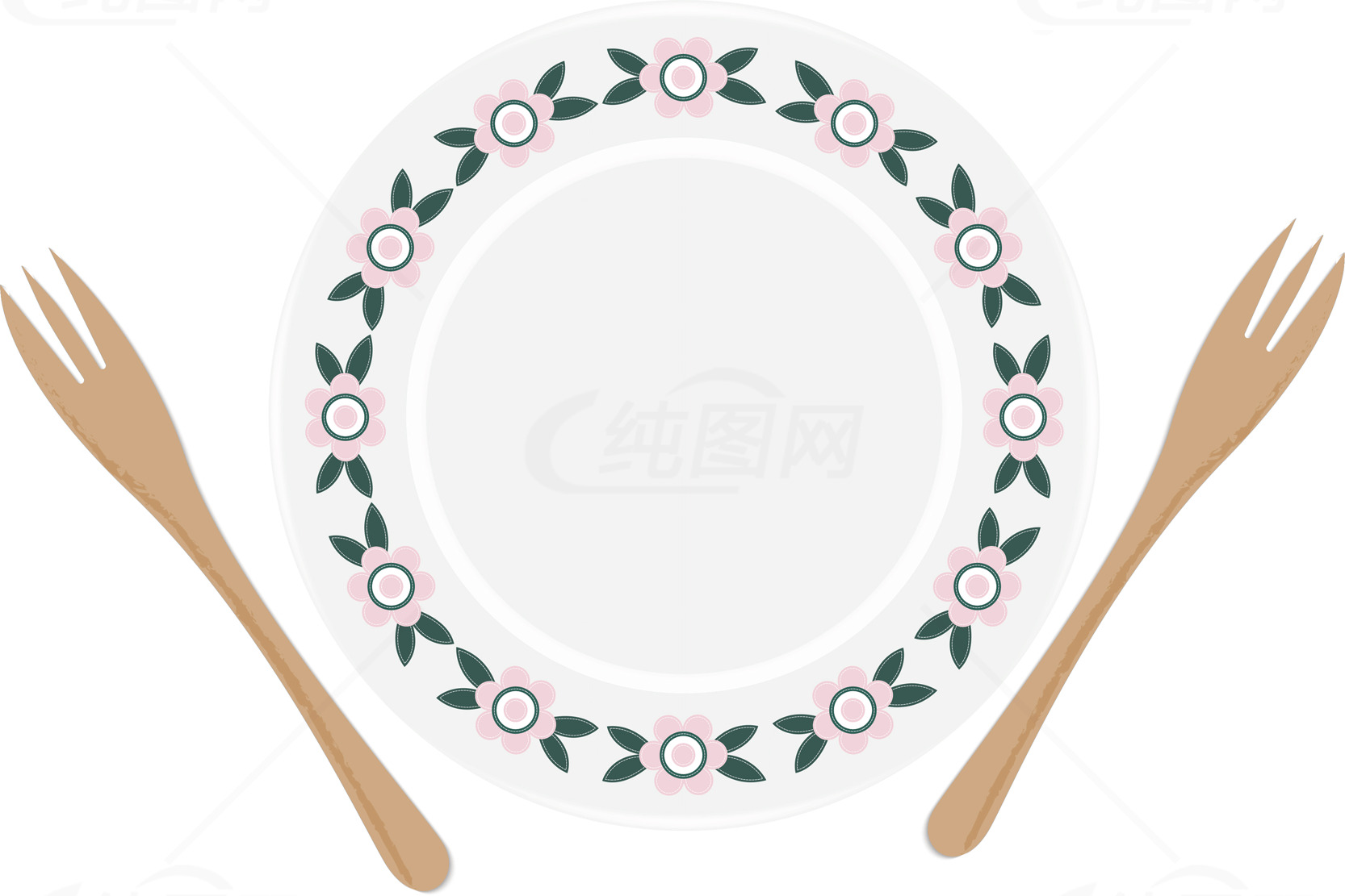 花卉图案餐盘与木质餐具图片素材