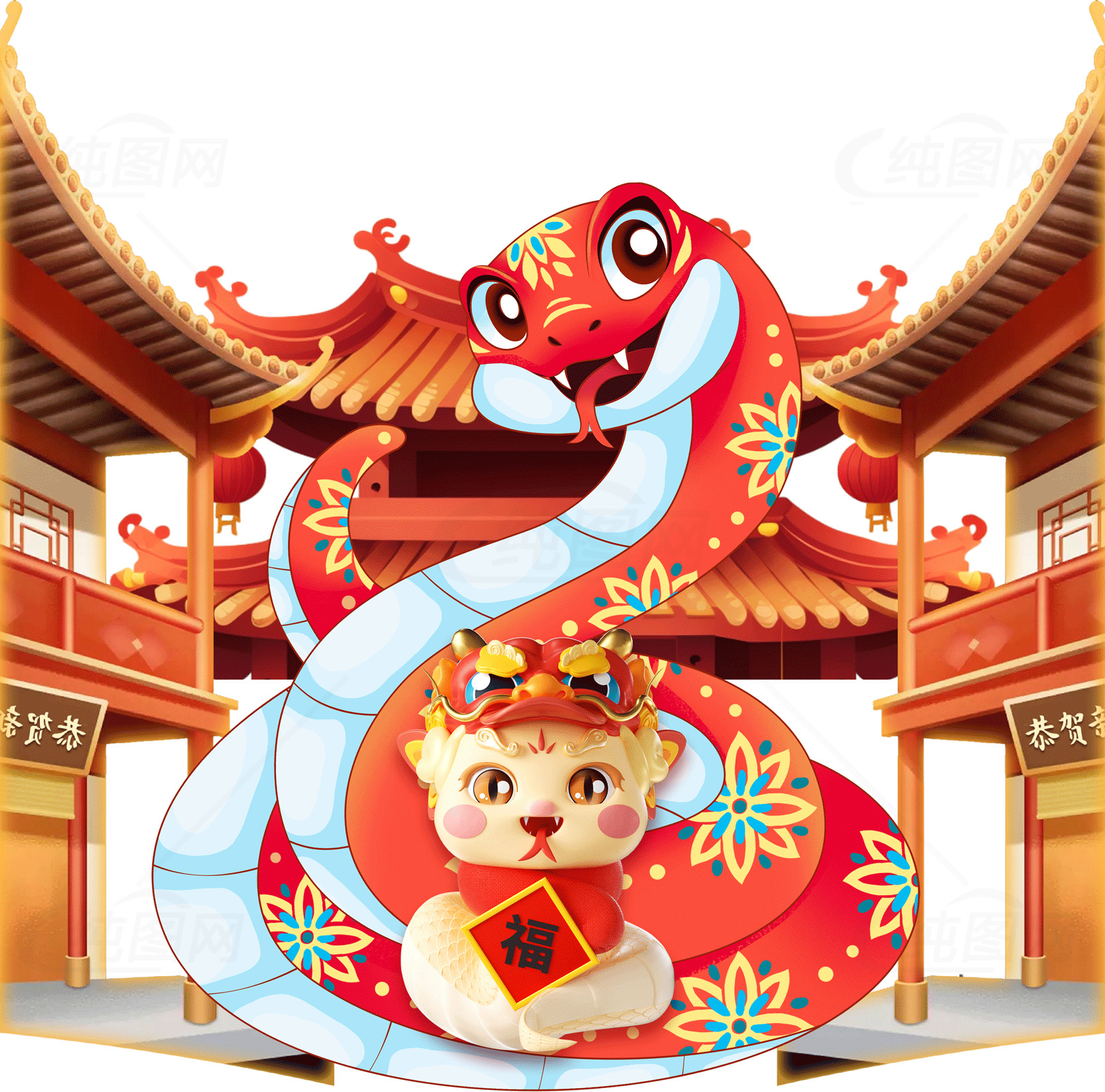 中国新年吉祥物：蛇与猫的传统庆祝素材