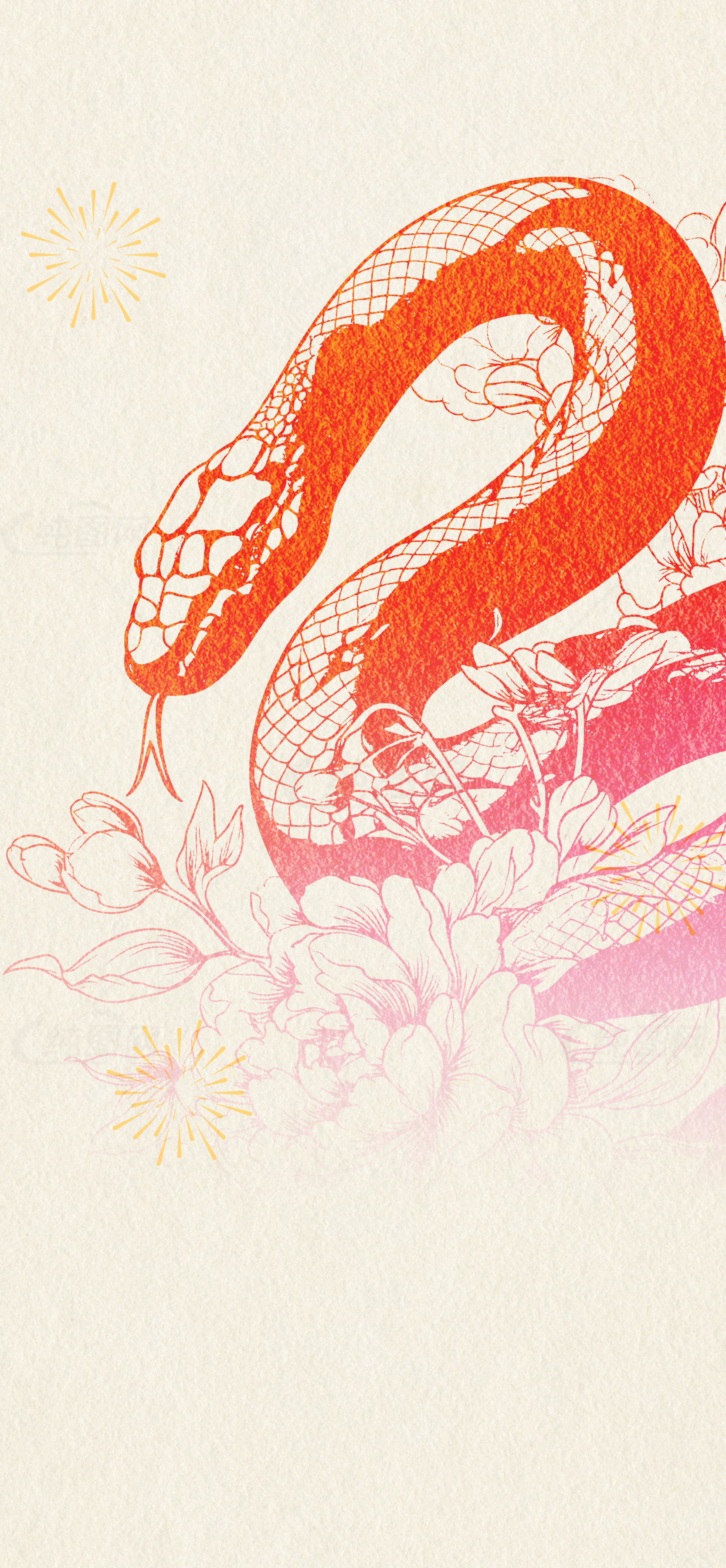 红色蛇与花卉插画壁纸素材