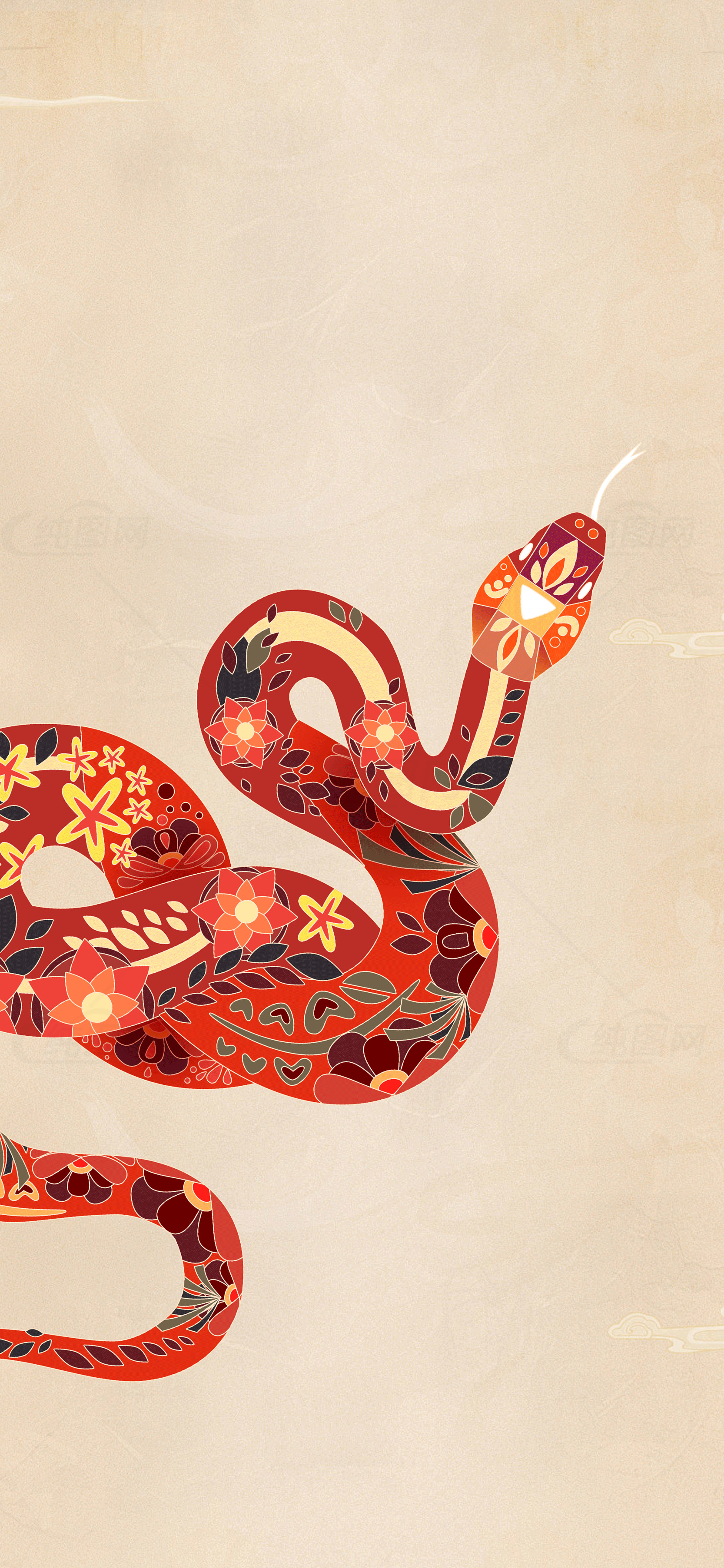 中国风红色花纹蛇插画壁纸素材