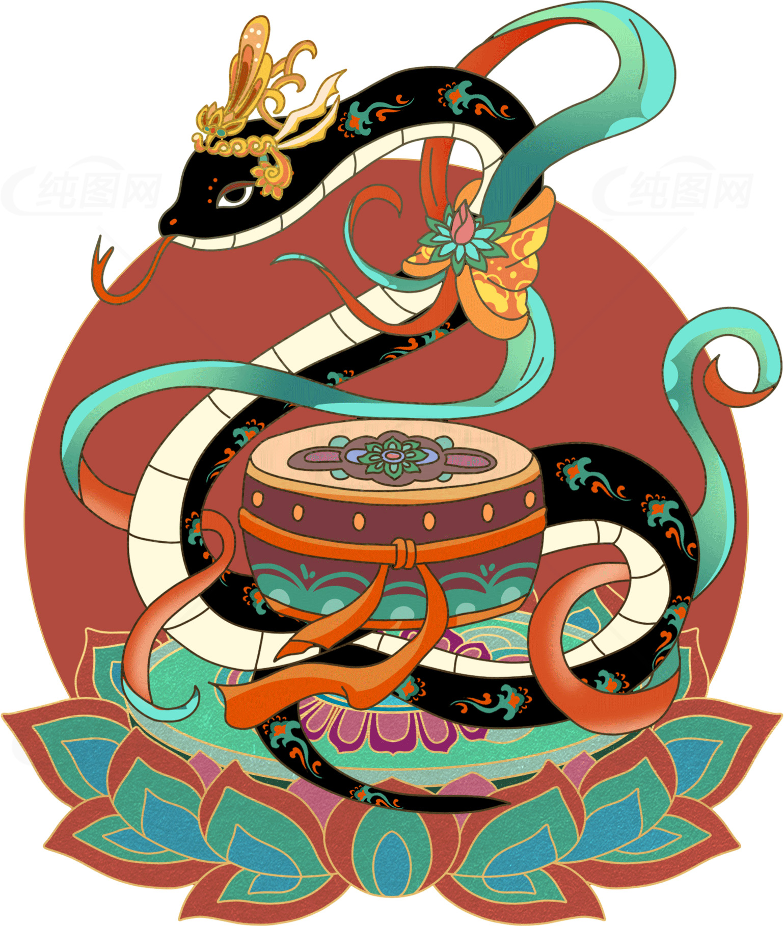 中国传统艺术蛇与鼓插画素材
